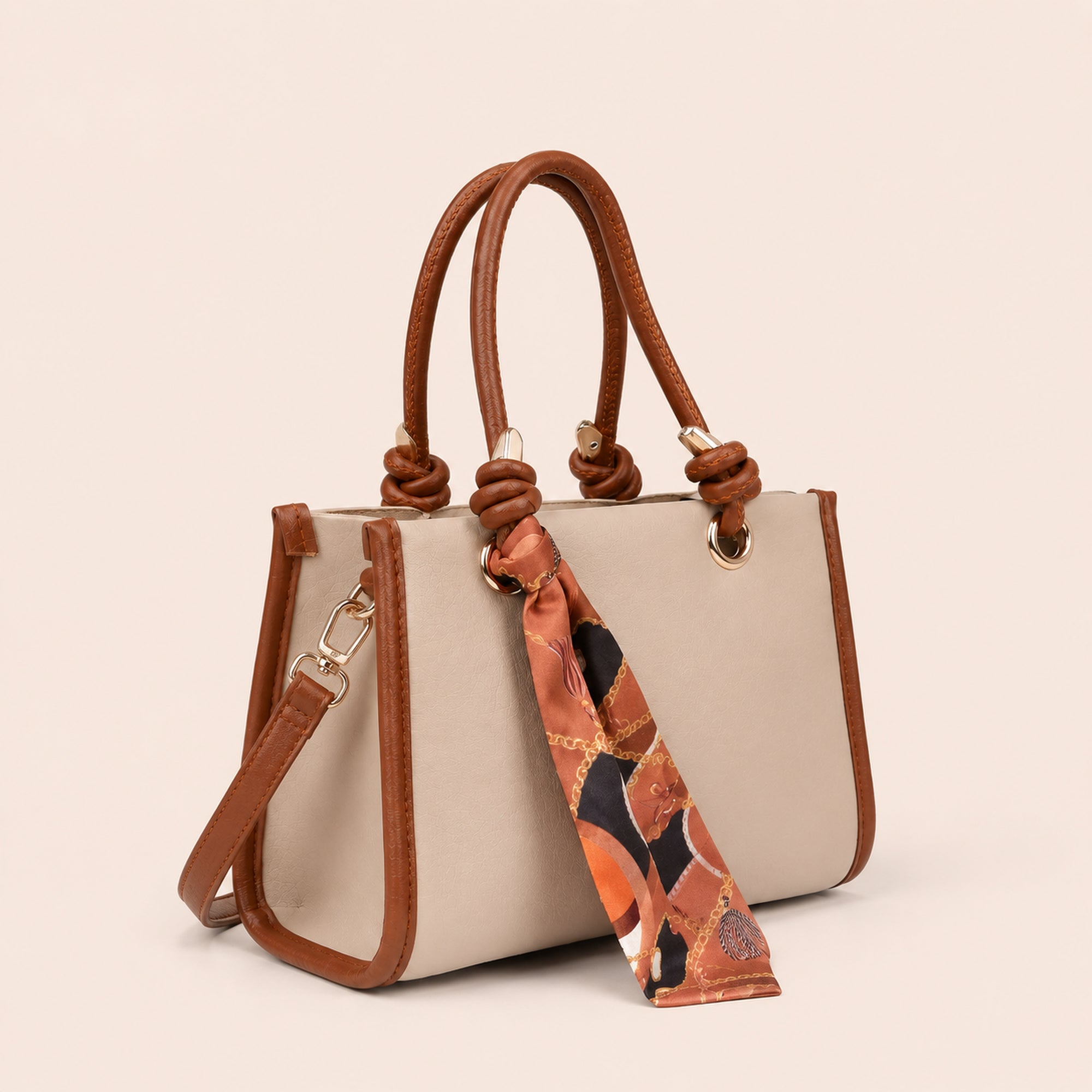 Sella Beige & Taba Rengi Fularlı Kadın El ve Omuz Çantası 21x16 cm