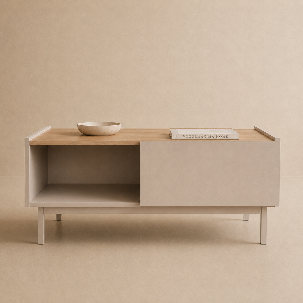 Luvera Kayın Ahşap Ayaklı Çekmeceli Raflı Orta Sehpa 93,6 × 60 × 40 cm Bej
