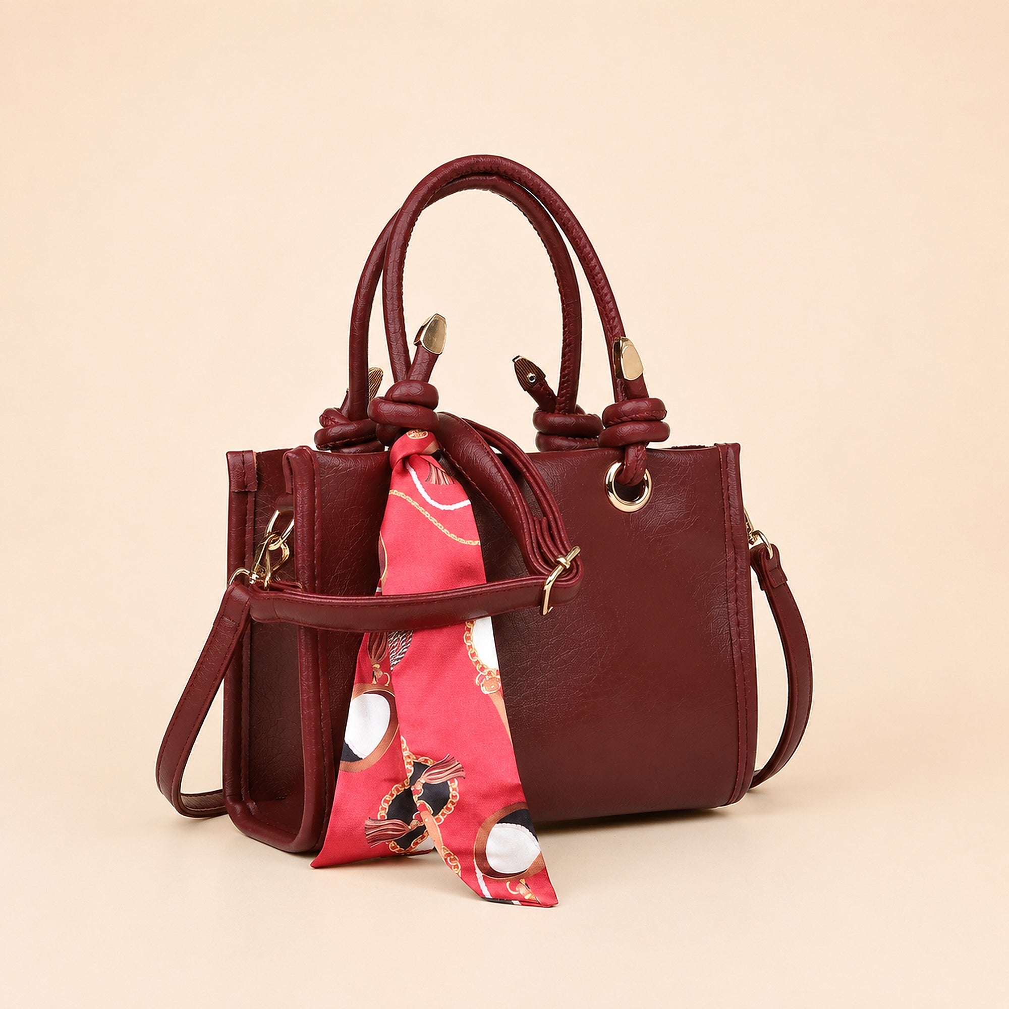 Sella Bordo Renk Fularlı Kadın El ve Omuz Çantası 21x16 cm