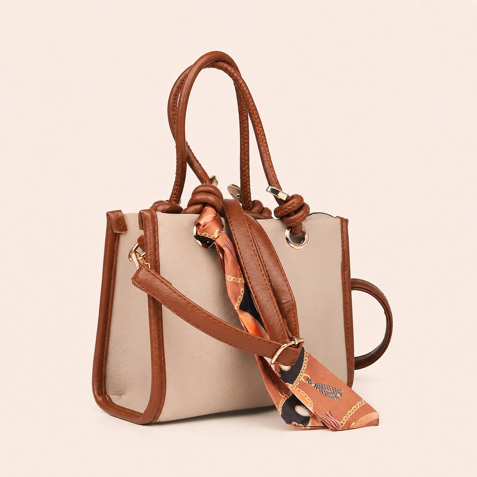 Sella Beige & Taba Rengi Fularlı Kadın El ve Omuz Çantası 21x16 cm