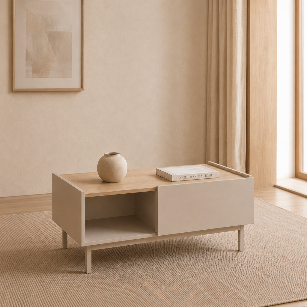 Luvera Kayın Ahşap Ayaklı Çekmeceli Raflı Orta Sehpa 93,6 × 60 × 40 cm Bej