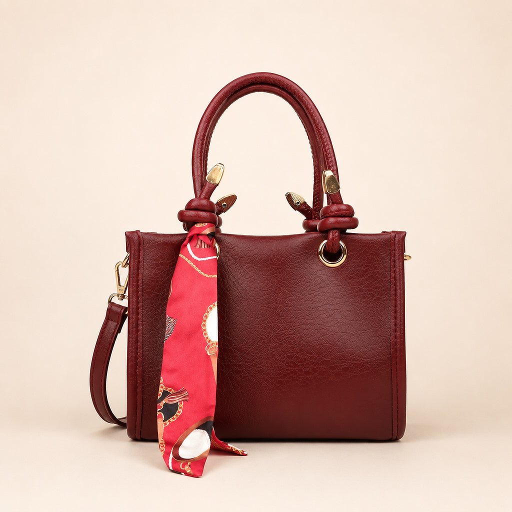 Sella Bordo Renk Fularlı Kadın El ve Omuz Çantası 21x16 cm