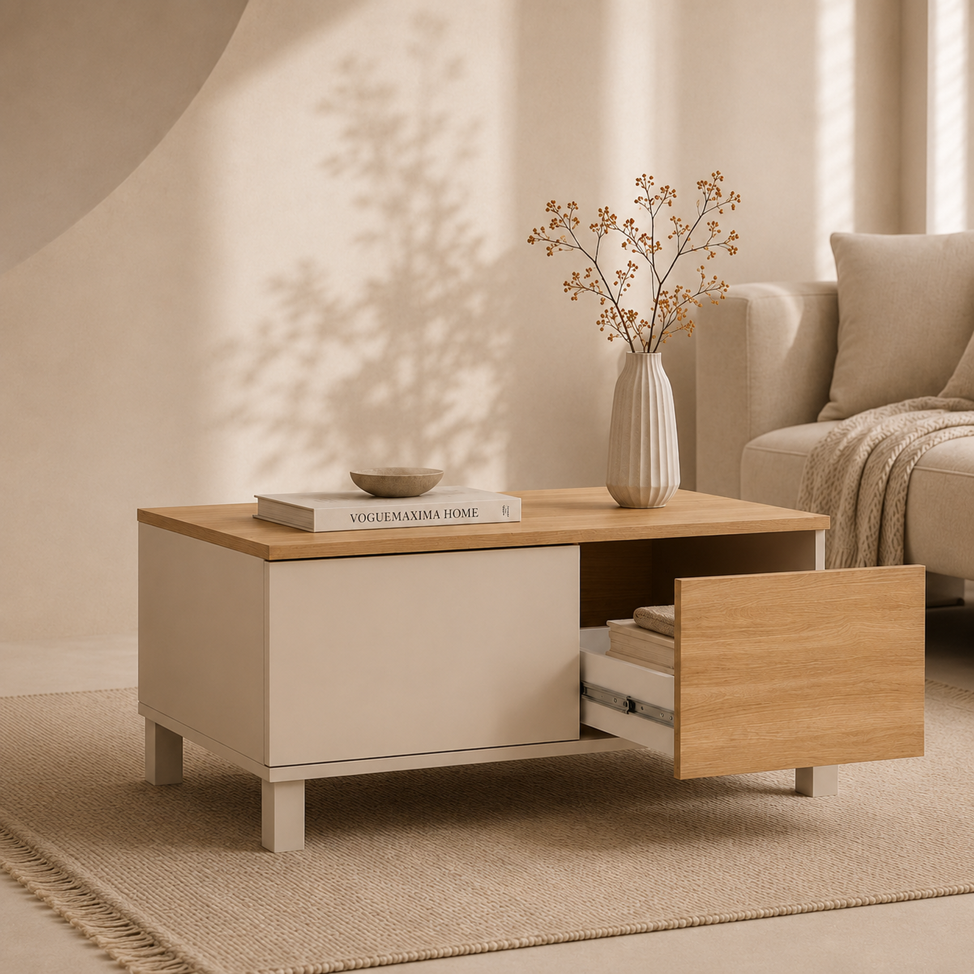 Mirelay 2 Çekmeceli Kayın Ahşap Ayaklı Orta Sehpa 90 × 60 × 40 cm