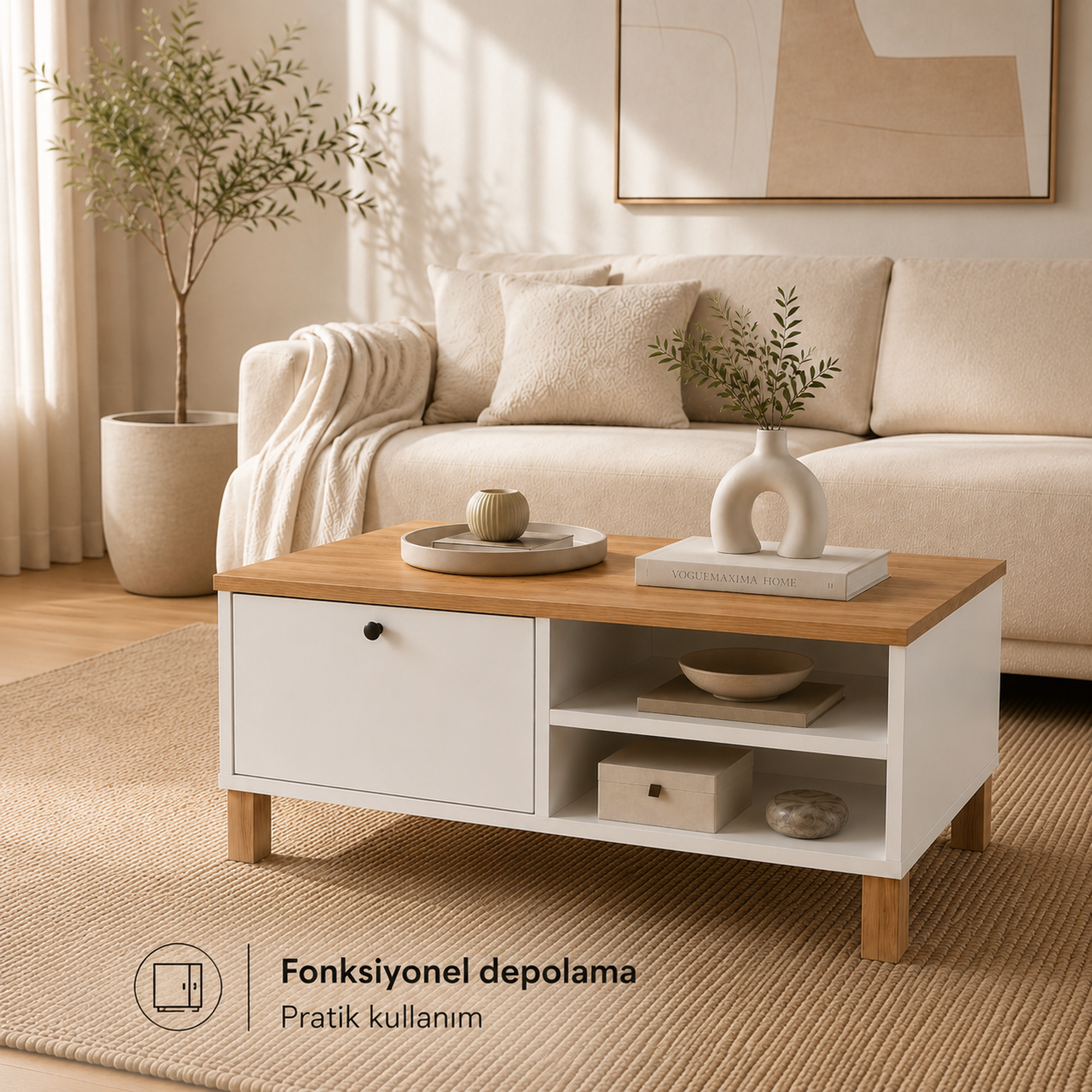 Livenza Kapaklı Kayın Ahşap Ayaklı Orta Sehpa 90 × 60 × 38,6 cm