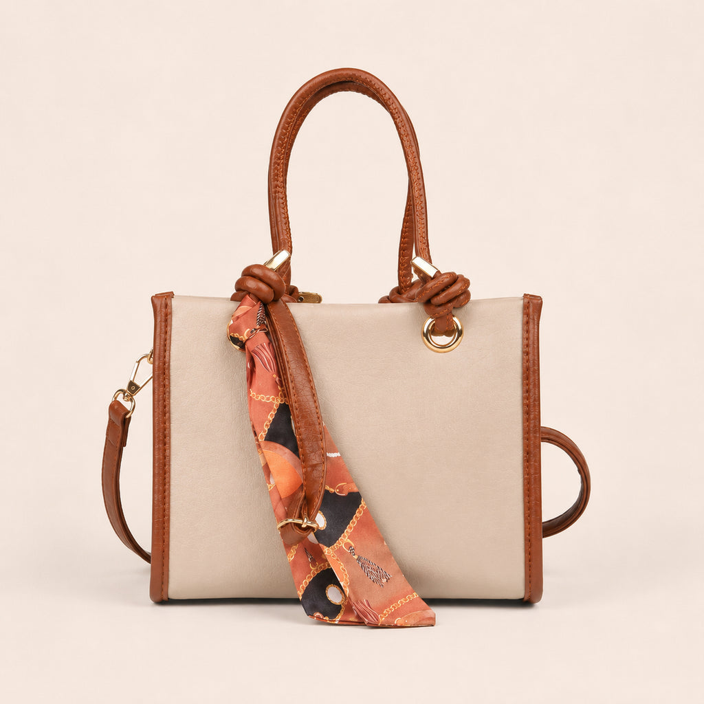 Sella Beige & Taba Rengi Fularlı Kadın El ve Omuz Çantası 21x16 cm