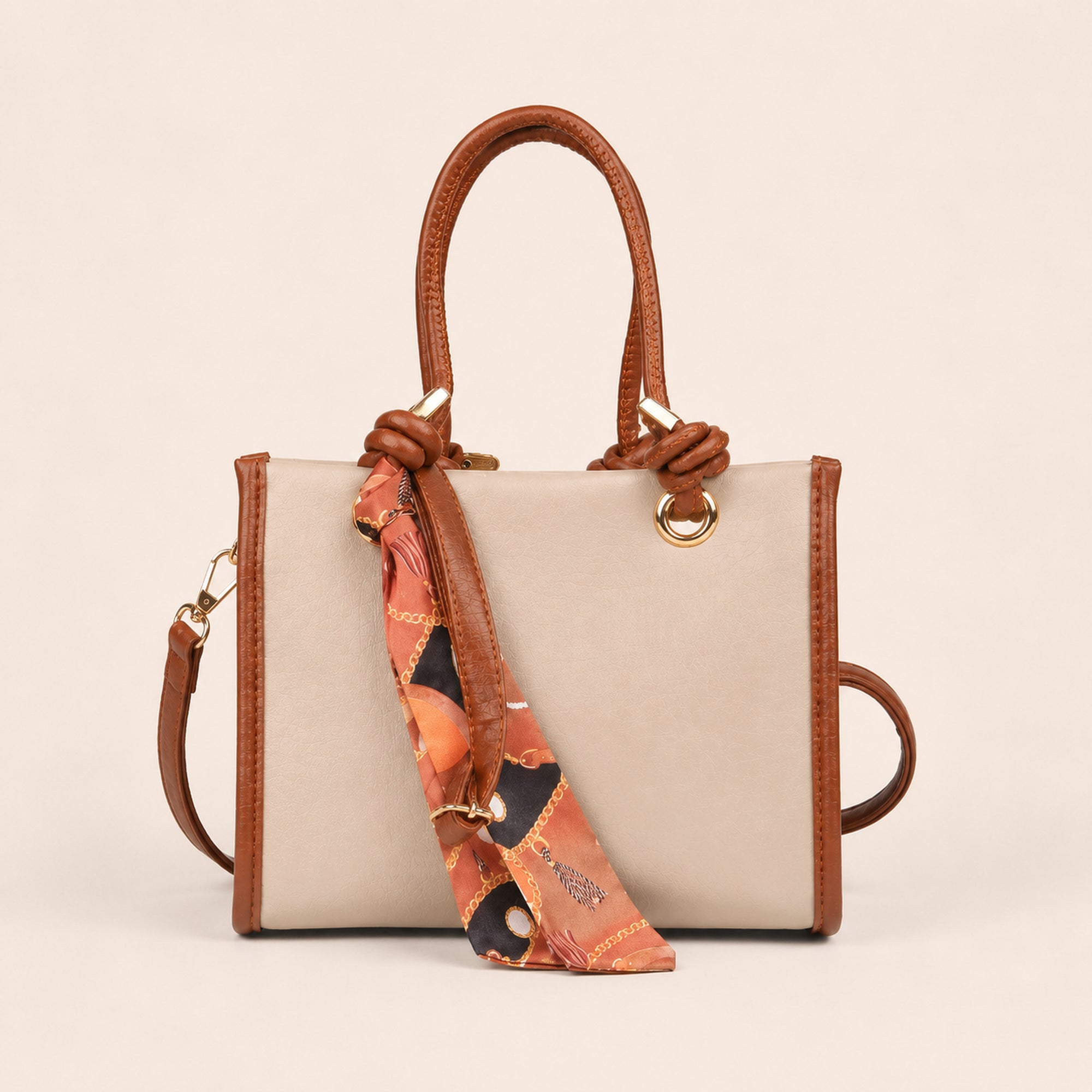 Sella Beige & Taba Rengi Fularlı Kadın El ve Omuz Çantası 21x16 cm