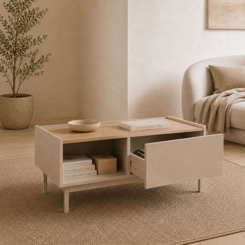 Luvera Kayın Ahşap Ayaklı Çekmeceli Raflı Orta Sehpa 93,6 × 60 × 40 cm Bej