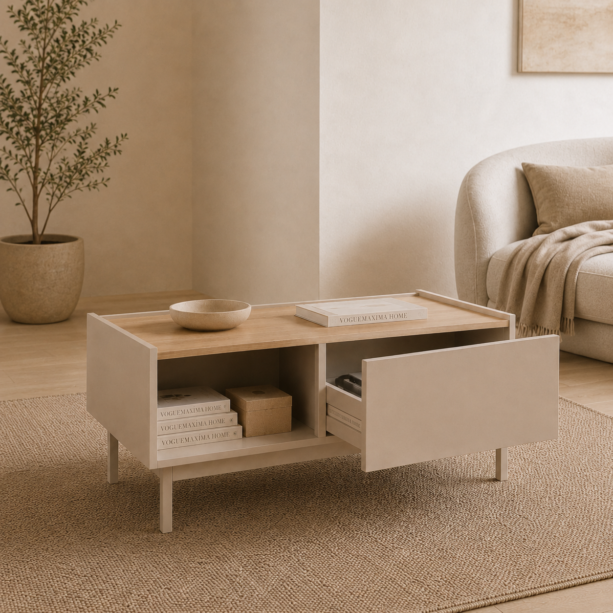 Luvera Kayın Ahşap Ayaklı Çekmeceli Raflı Orta Sehpa 93,6 × 60 × 40 cm Bej