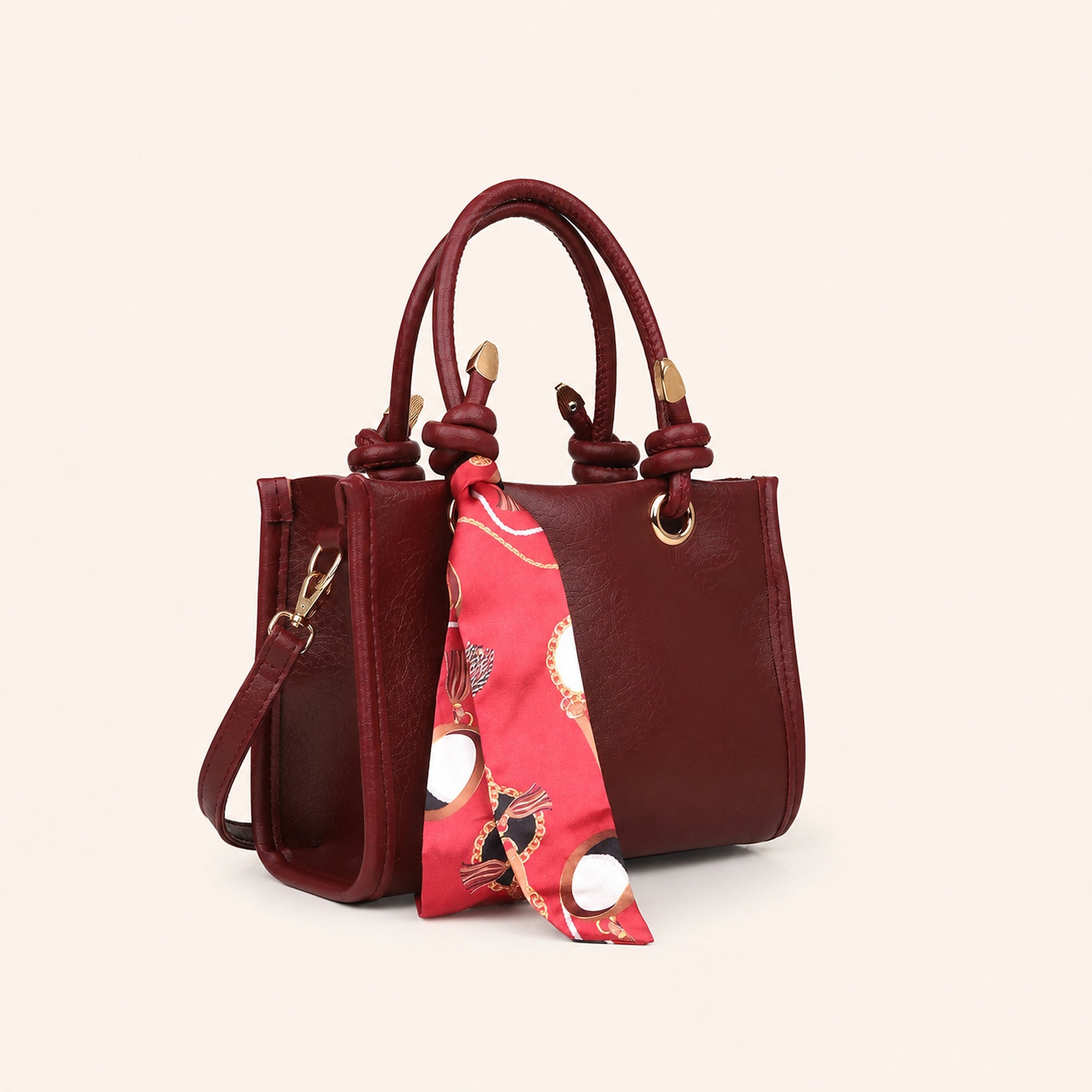 Sella Bordo Renk Fularlı Kadın El ve Omuz Çantası 21x16 cm