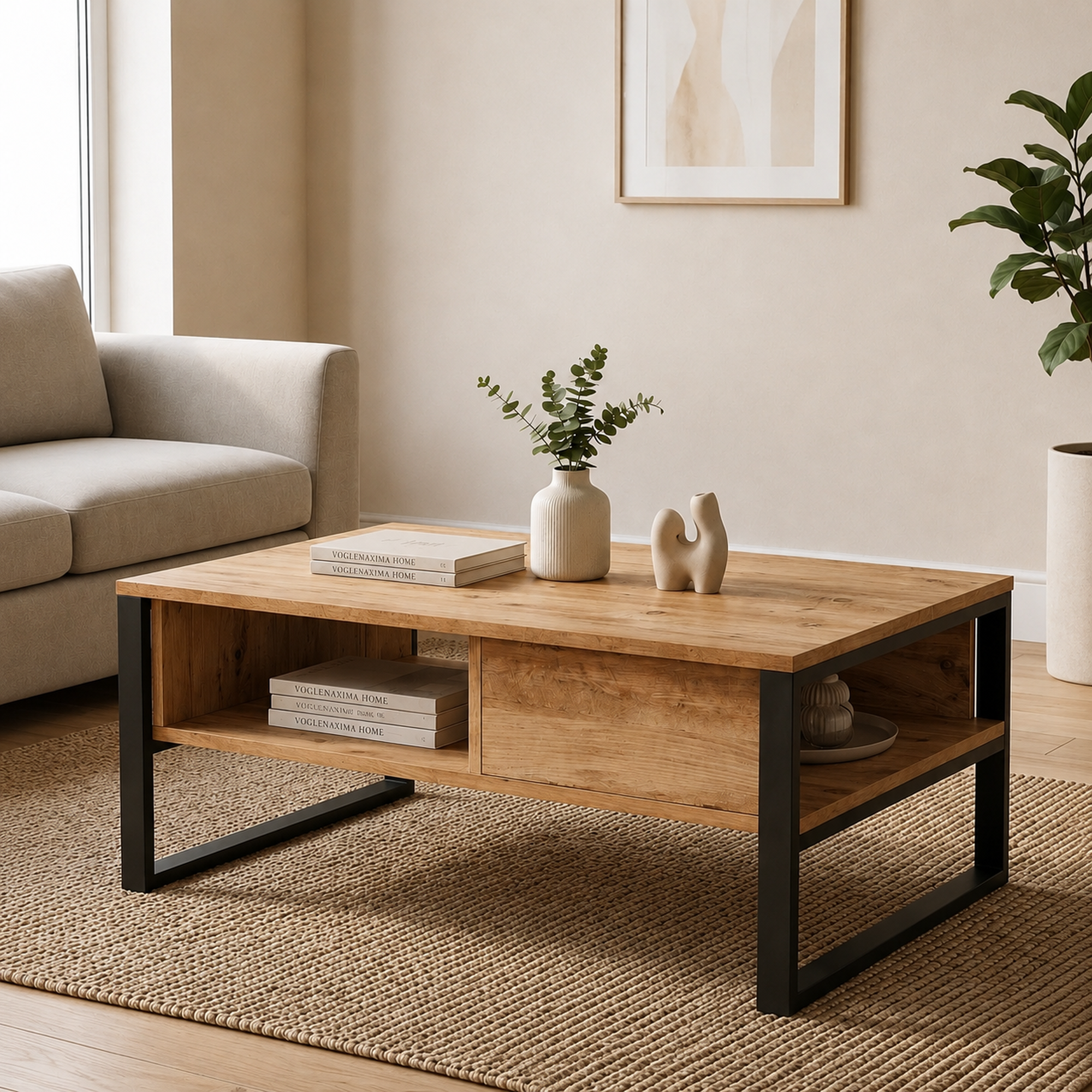Lacita Metal Aksamlı Raflı Orta Sehpa 100 × 59,7 × 44,4 cm Atlantik Çam