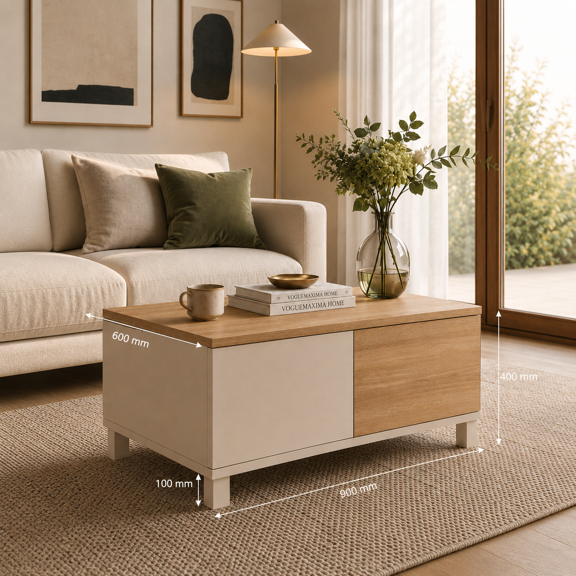 Mirelay 2 Çekmeceli Kayın Ahşap Ayaklı Orta Sehpa 90 × 60 × 40 cm