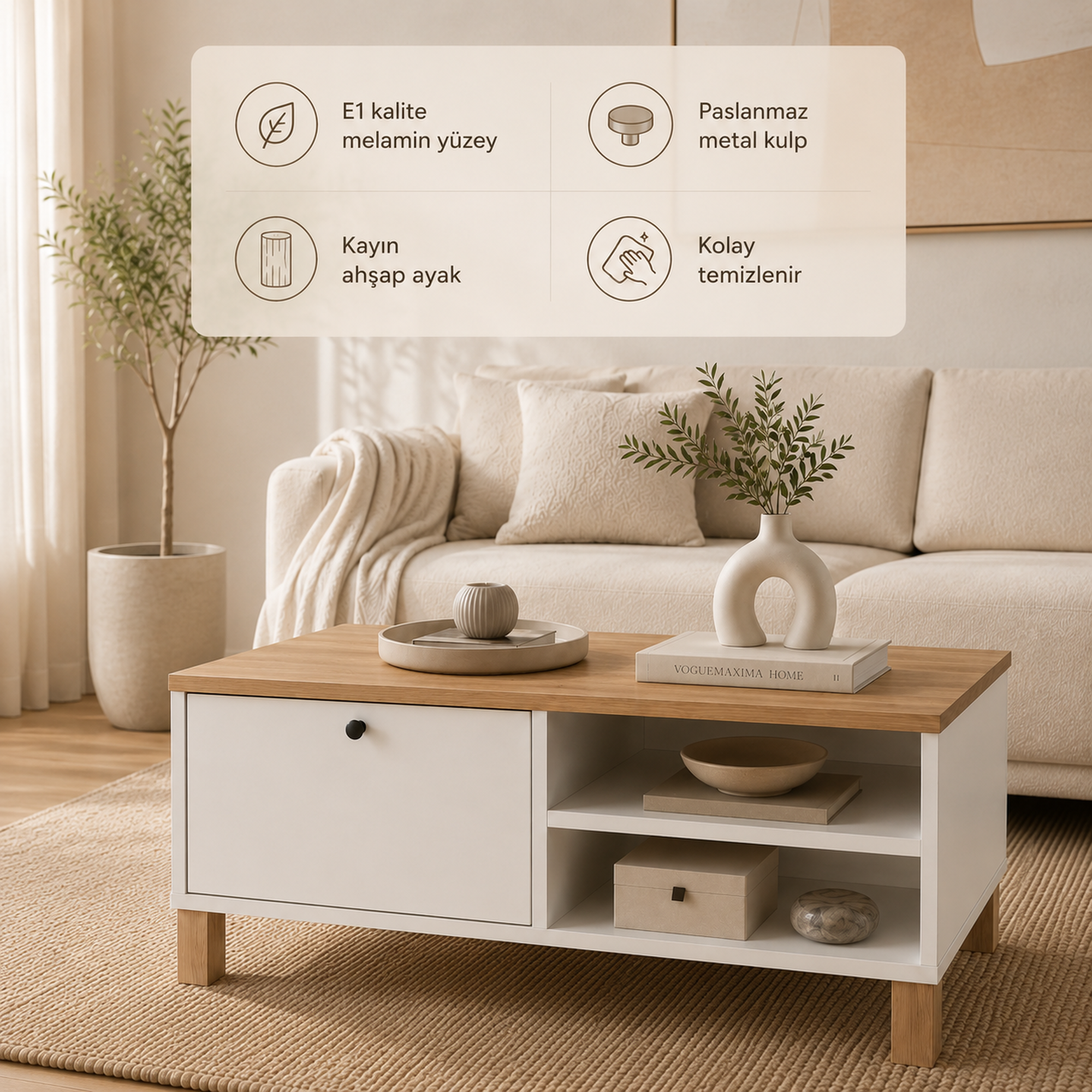 Livenza Kapaklı Kayın Ahşap Ayaklı Orta Sehpa 90 × 60 × 38,6 cm