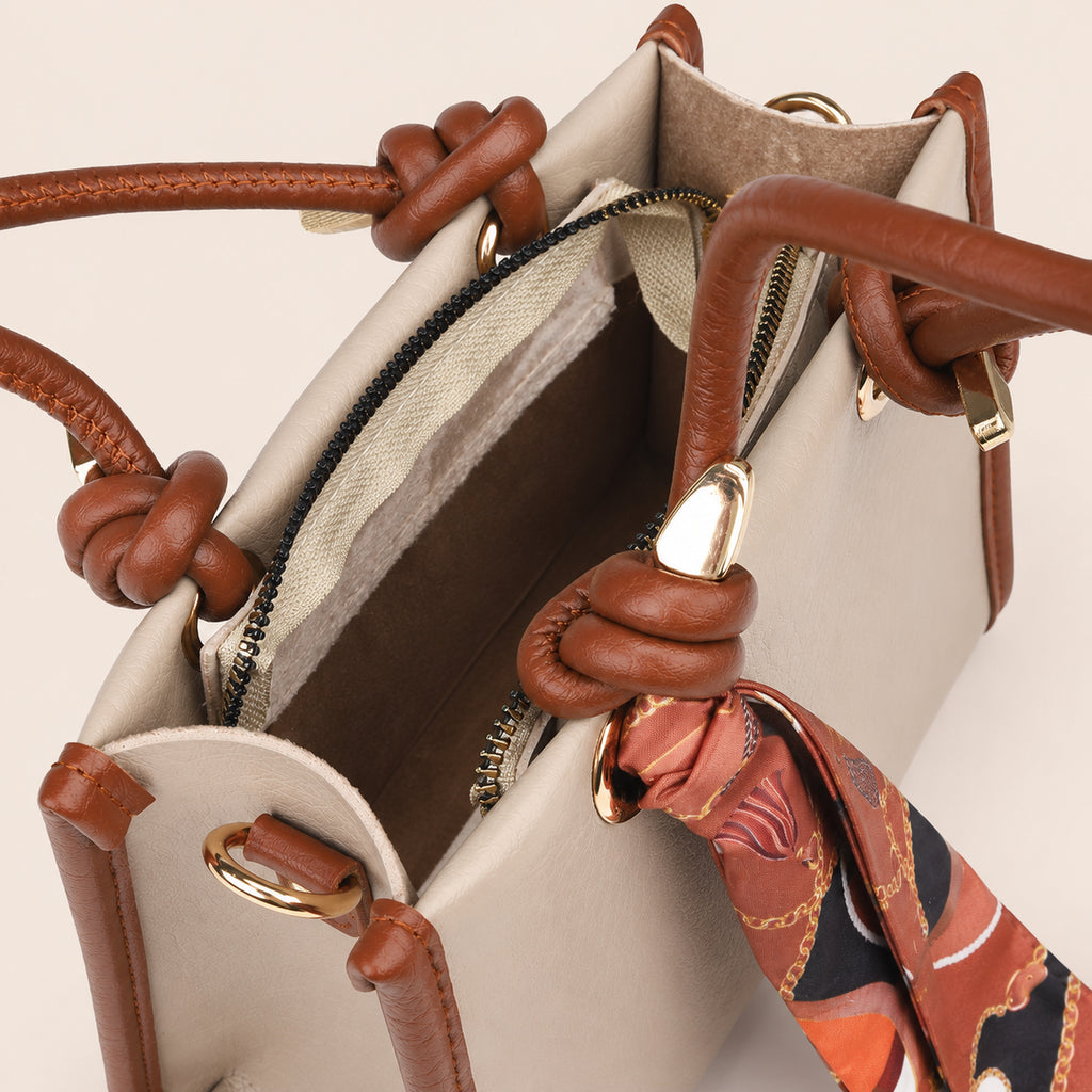 Sella Beige & Taba Rengi Fularlı Kadın El ve Omuz Çantası 21x16 cm