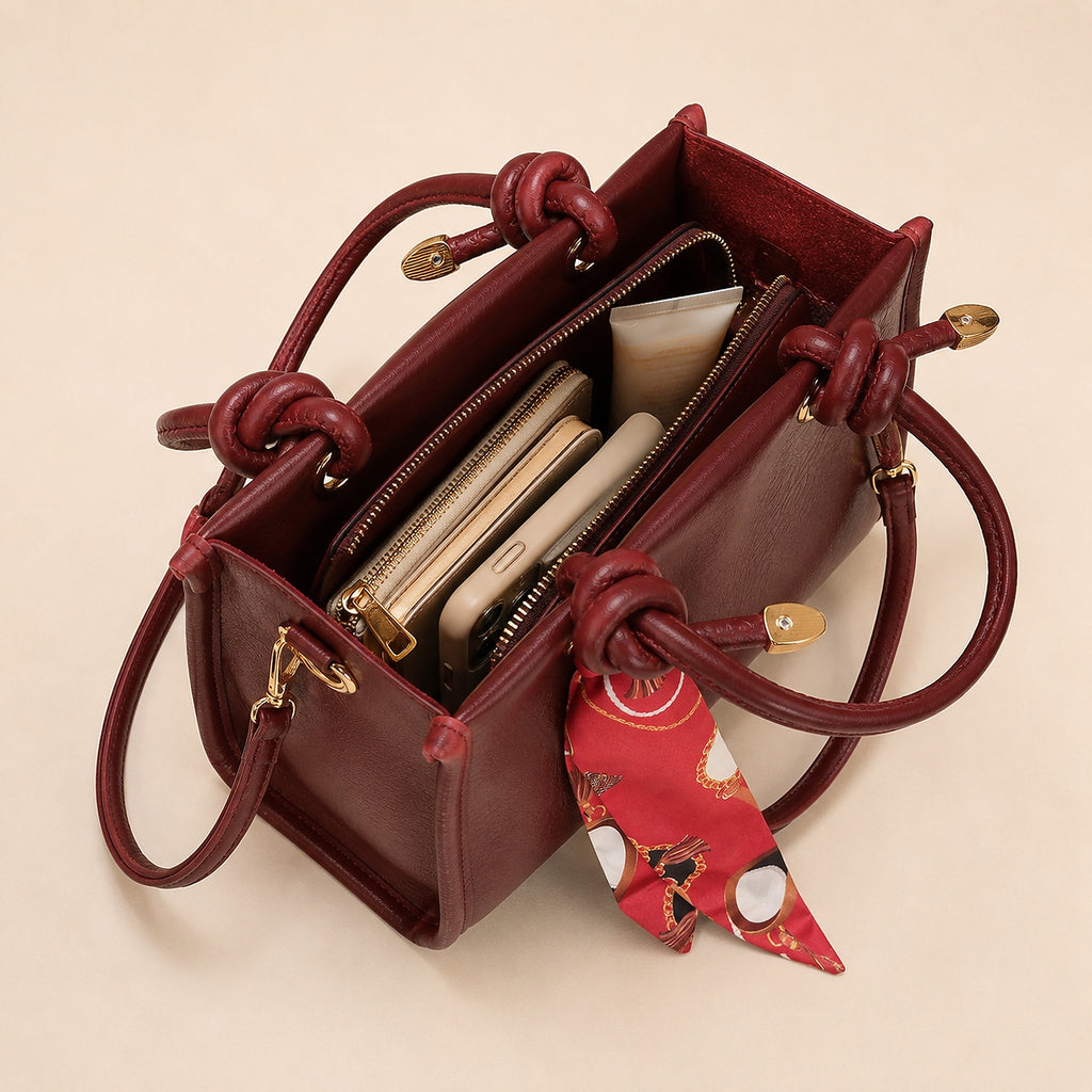 Sella Bordo Renk Fularlı Kadın El ve Omuz Çantası 21x16 cm