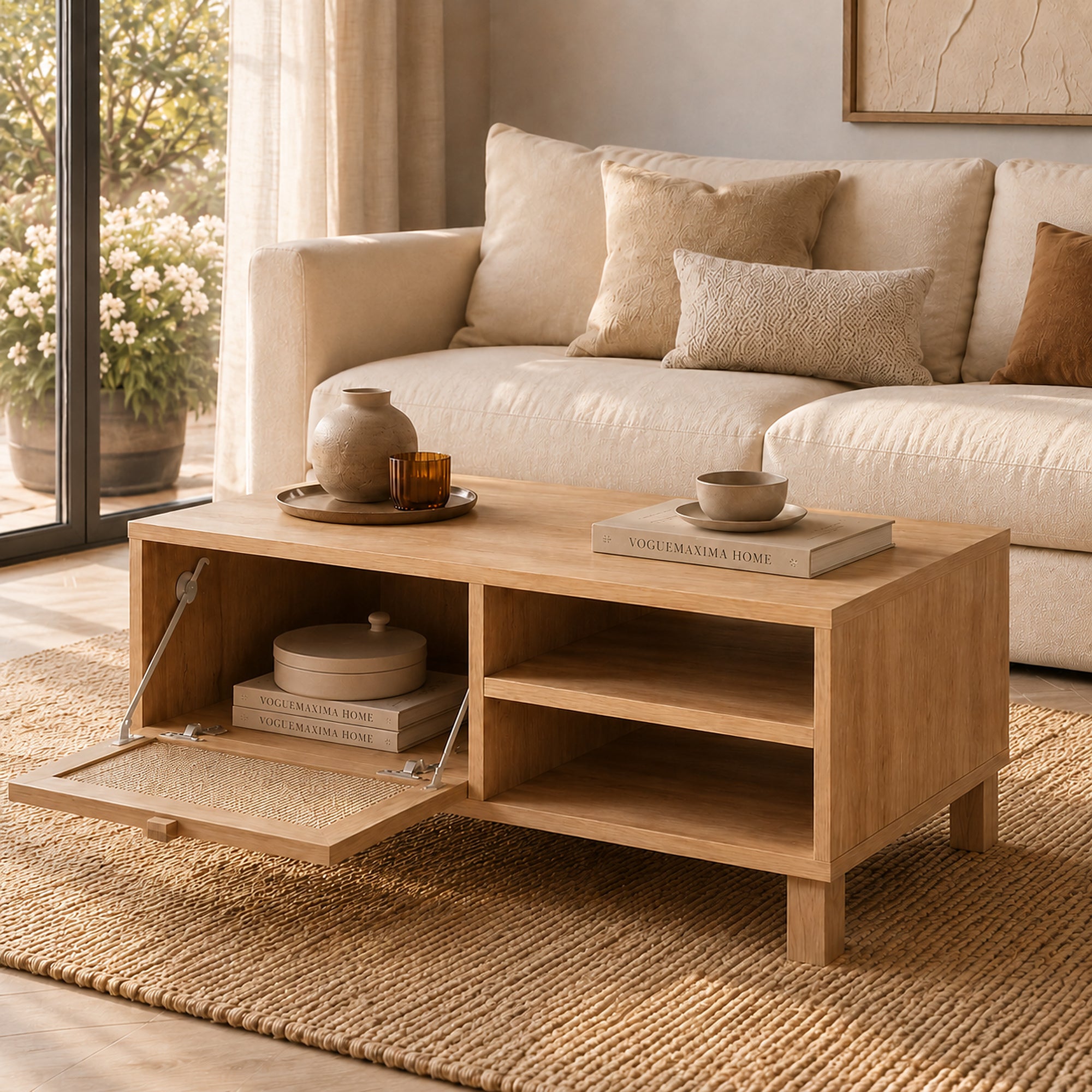Torino 4 Kapaklı Kayın Ahşap Metal Ayaklı Orta Sehpa 184 × 44,5 × 91,6 cm Bej