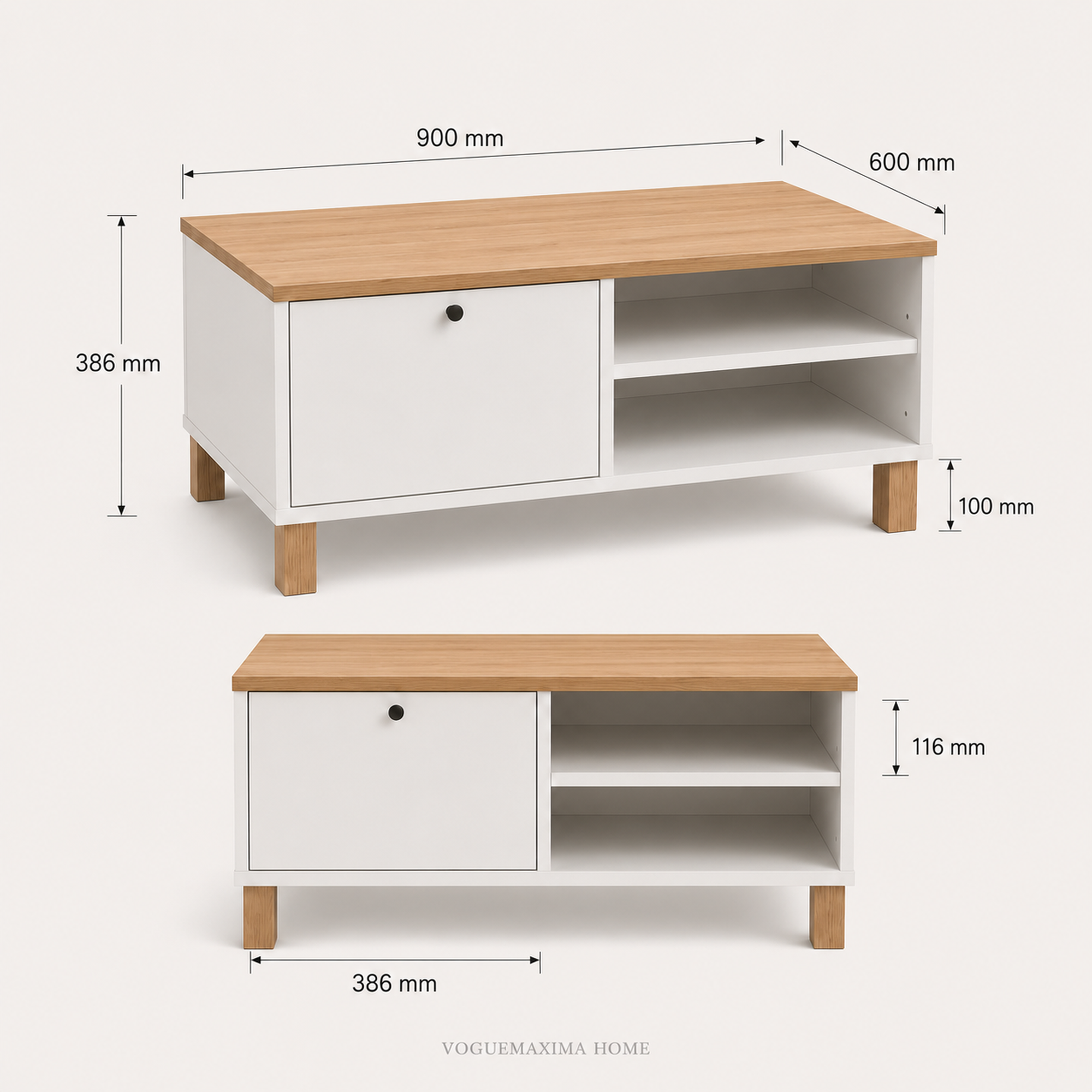 Livenza Kapaklı Kayın Ahşap Ayaklı Orta Sehpa 90 × 60 × 38,6 cm