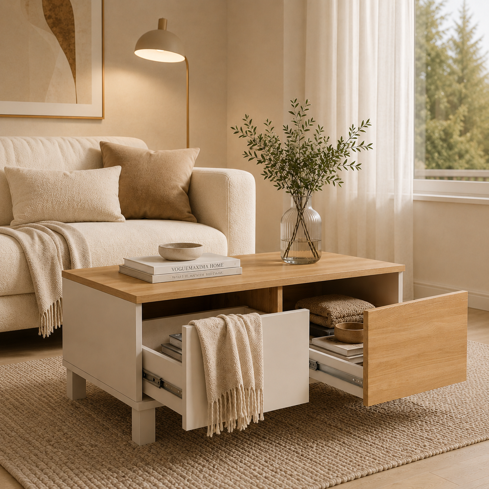Mirelay 2 Çekmeceli Kayın Ahşap Ayaklı Orta Sehpa 90 × 60 × 40 cm