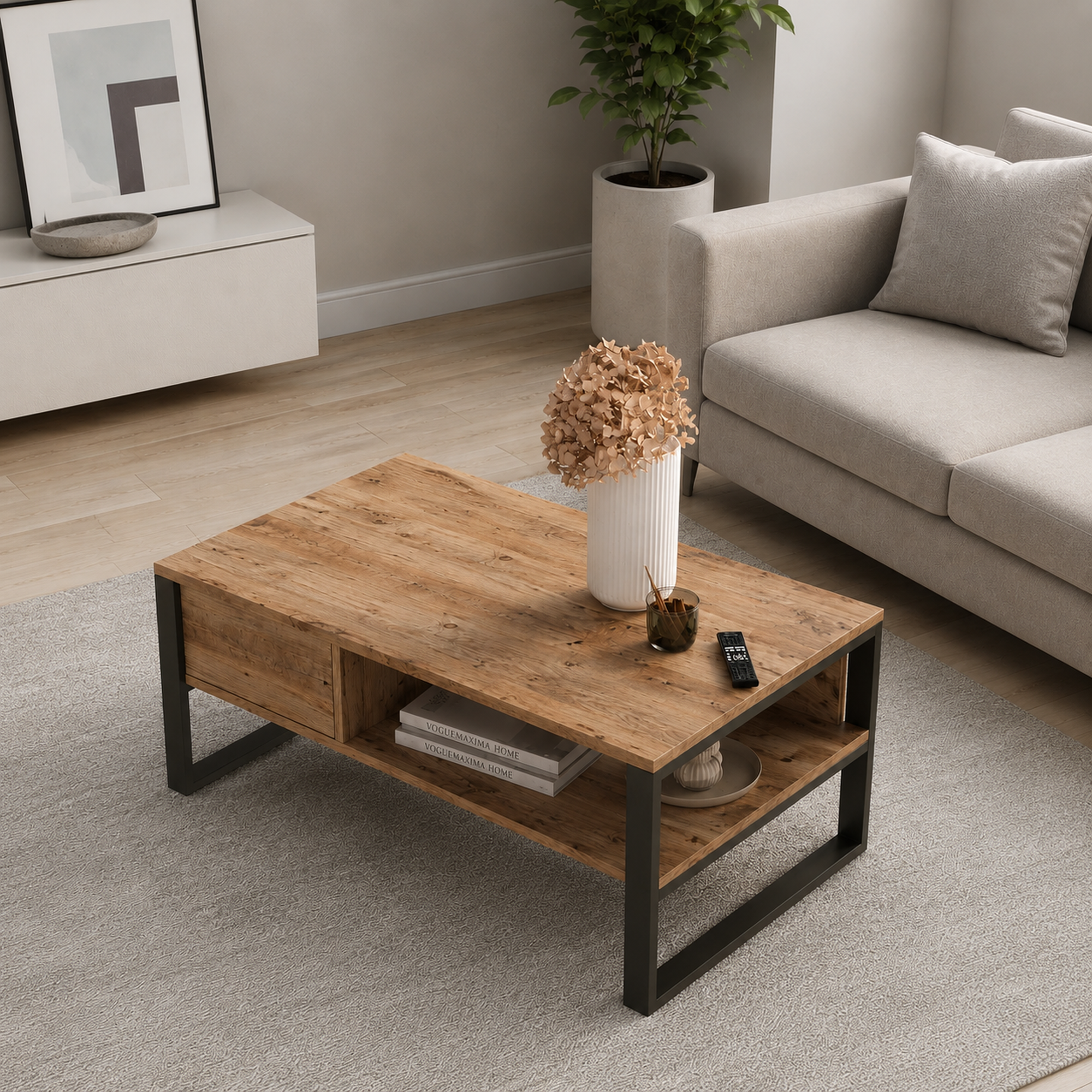 Lacita Metal Aksamlı Raflı Orta Sehpa 100 × 59,7 × 44,4 cm Atlantik Çam