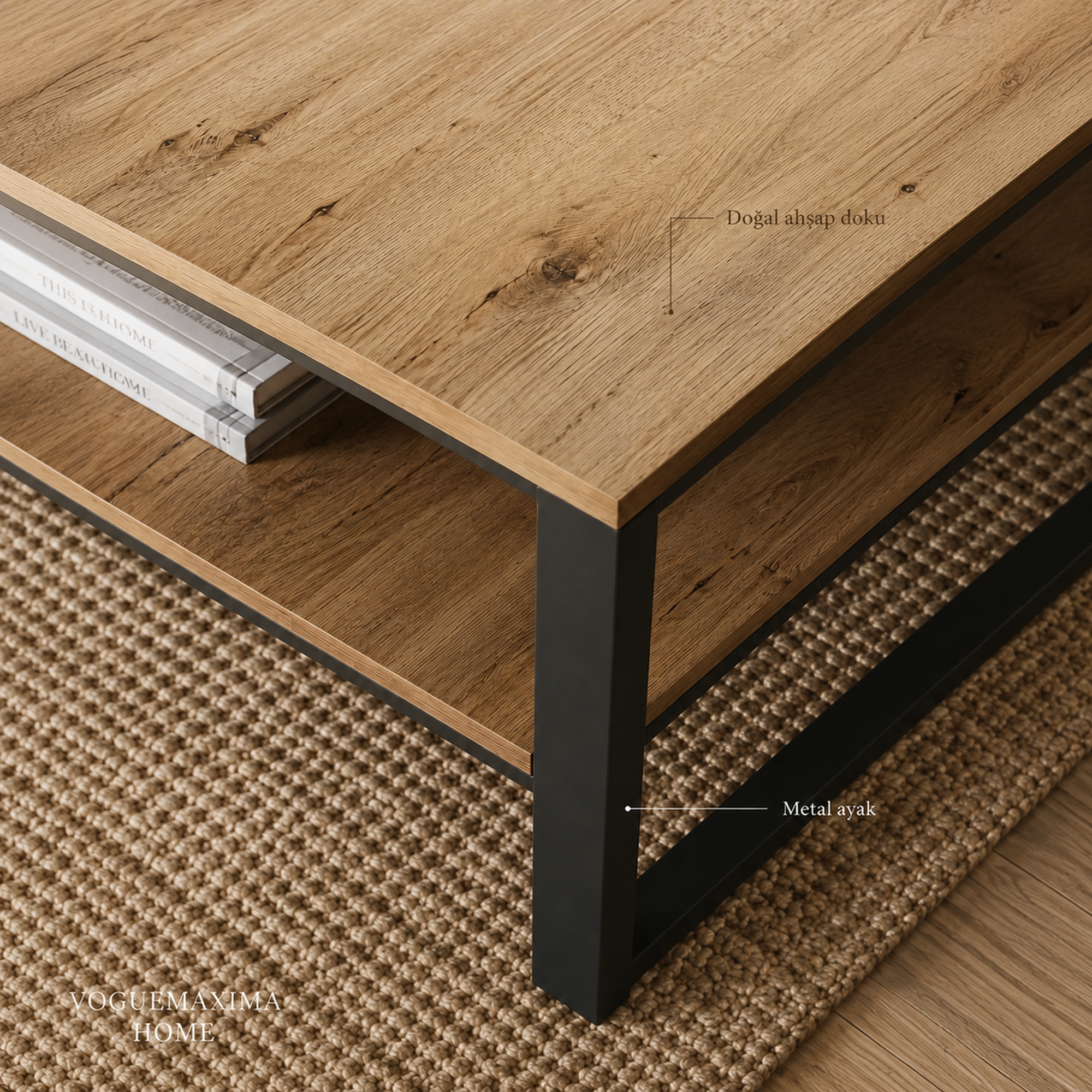 Lacita Metal Aksamlı Raflı Orta Sehpa 100 × 59,7 × 44,4 cm Atlantik Çam