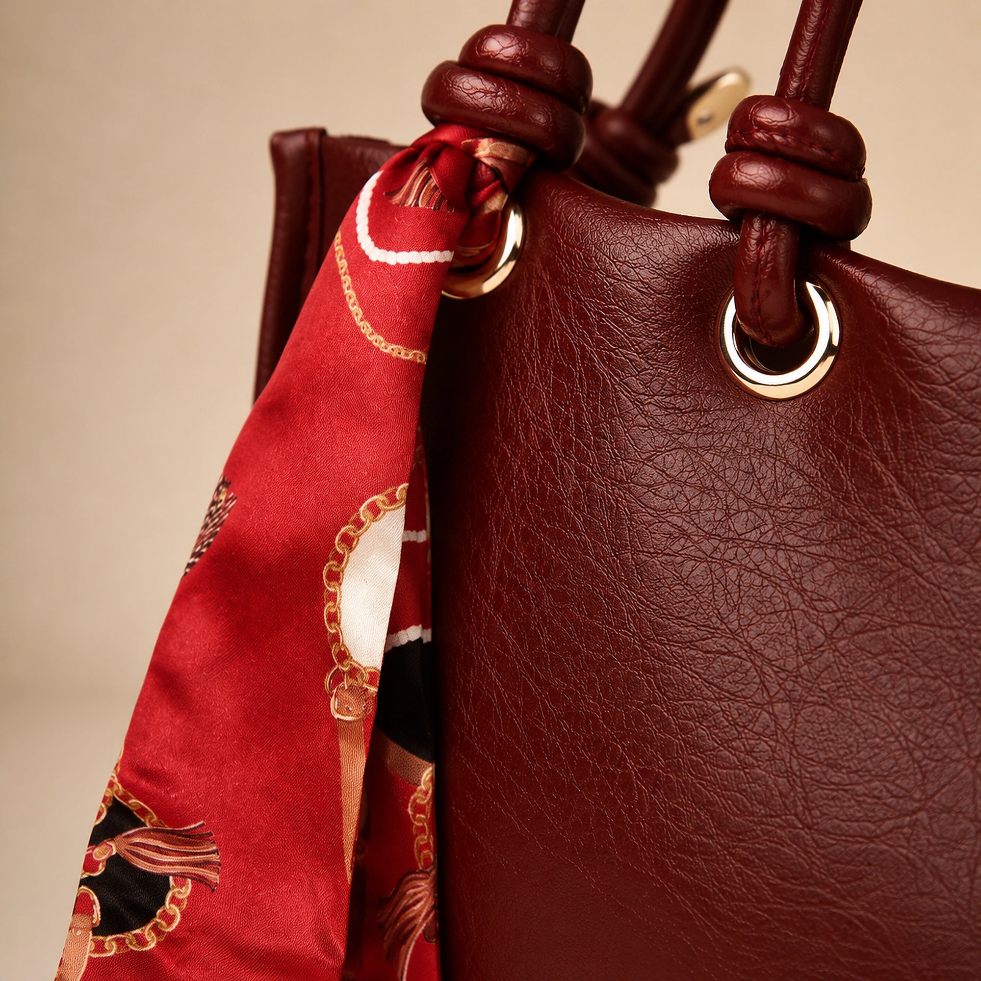 Sella Bordo Renk Fularlı Kadın El ve Omuz Çantası 21x16 cm