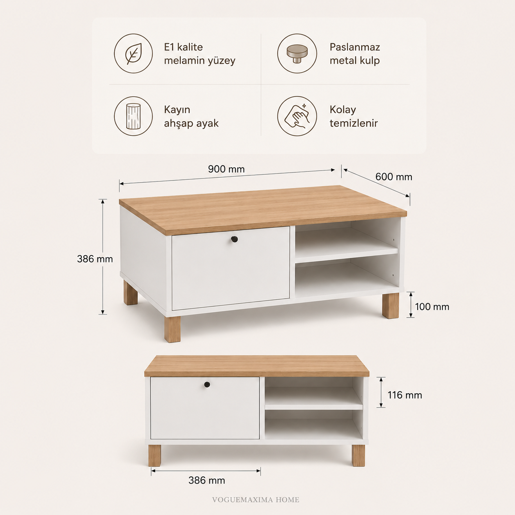 Livenza Kapaklı Kayın Ahşap Ayaklı Orta Sehpa 90 × 60 × 38,6 cm