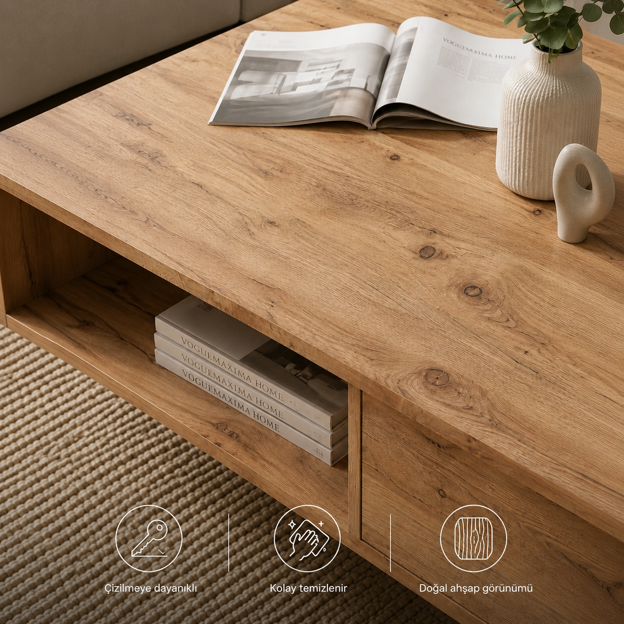 Lacita Metal Aksamlı Raflı Orta Sehpa 100 × 59,7 × 44,4 cm Atlantik Çam