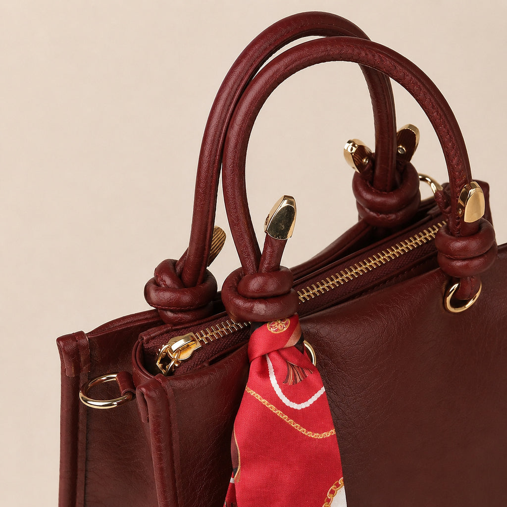 Sella Bordo Renk Fularlı Kadın El ve Omuz Çantası 21x16 cm