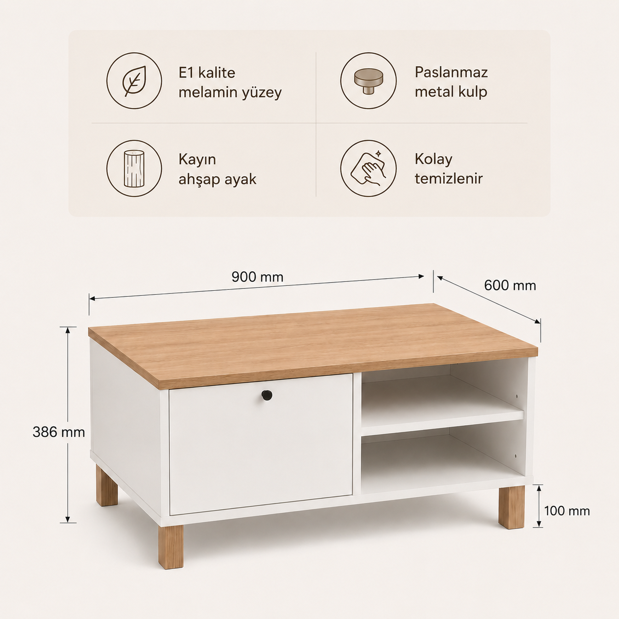 Livenza Kapaklı Kayın Ahşap Ayaklı Orta Sehpa 90 × 60 × 38,6 cm