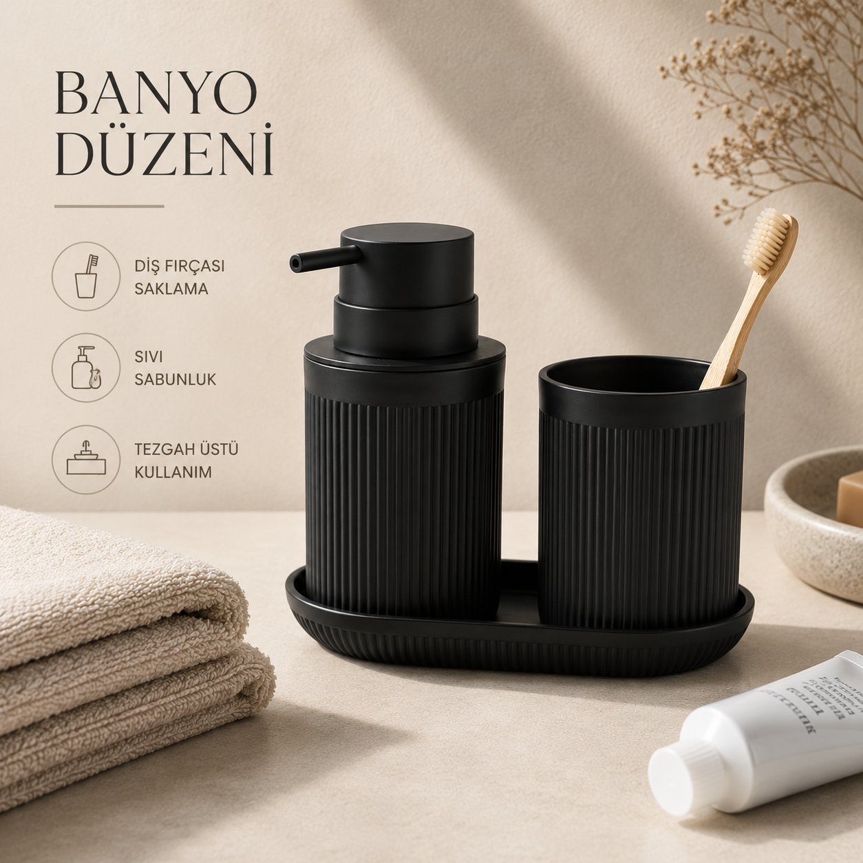 Noir 3 Parça Banyo Seti Siyah Sıvı Sabunluk Diş Fırçalık ve Tepsi