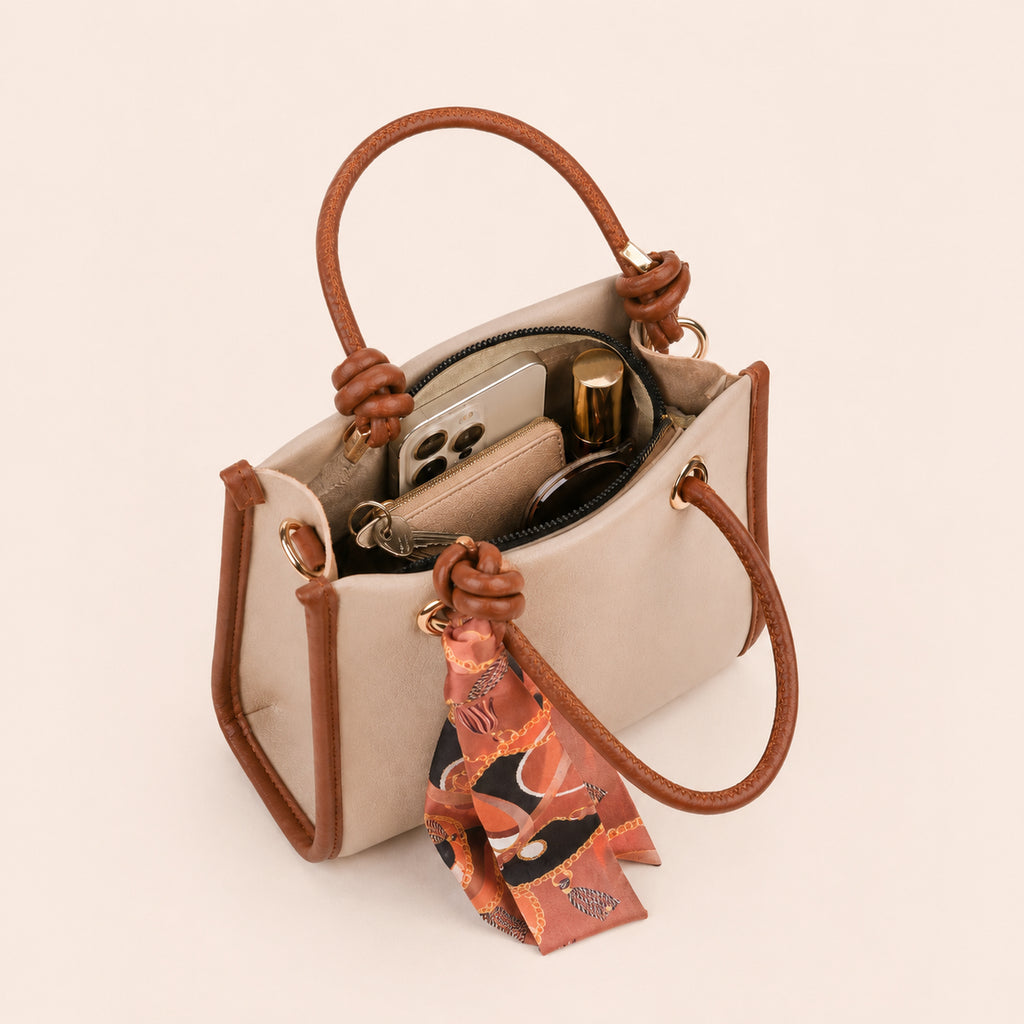 Sella Beige & Taba Rengi Fularlı Kadın El ve Omuz Çantası 21x16 cm