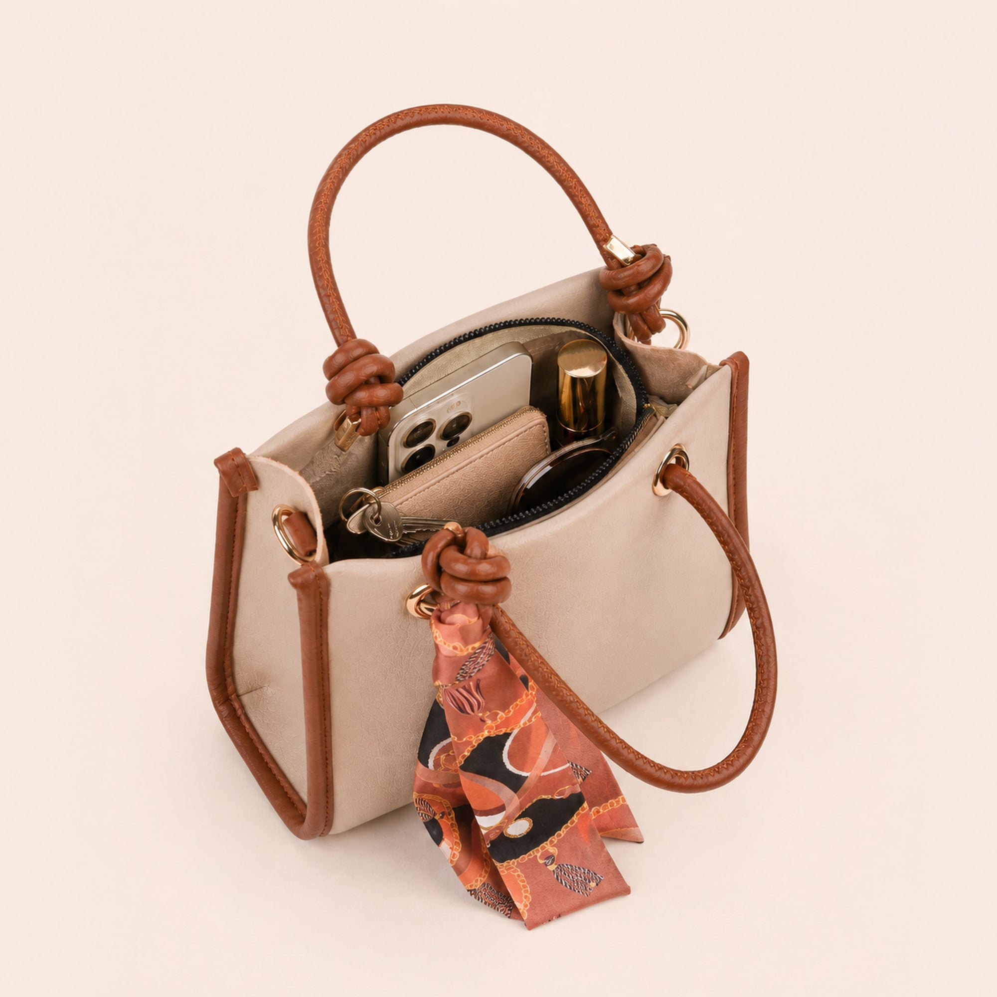 Sella Beige & Taba Rengi Fularlı Kadın El ve Omuz Çantası 21x16 cm