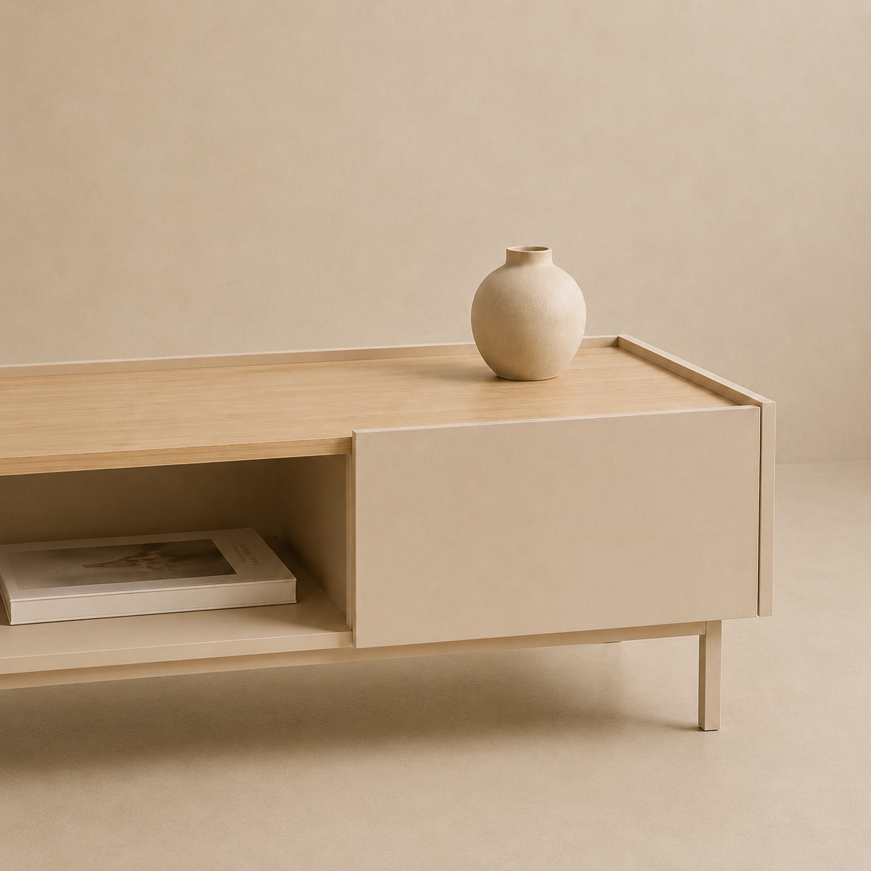 Luvera Kayın Ahşap Ayaklı Çekmeceli Raflı Orta Sehpa 93,6 × 60 × 40 cm Bej