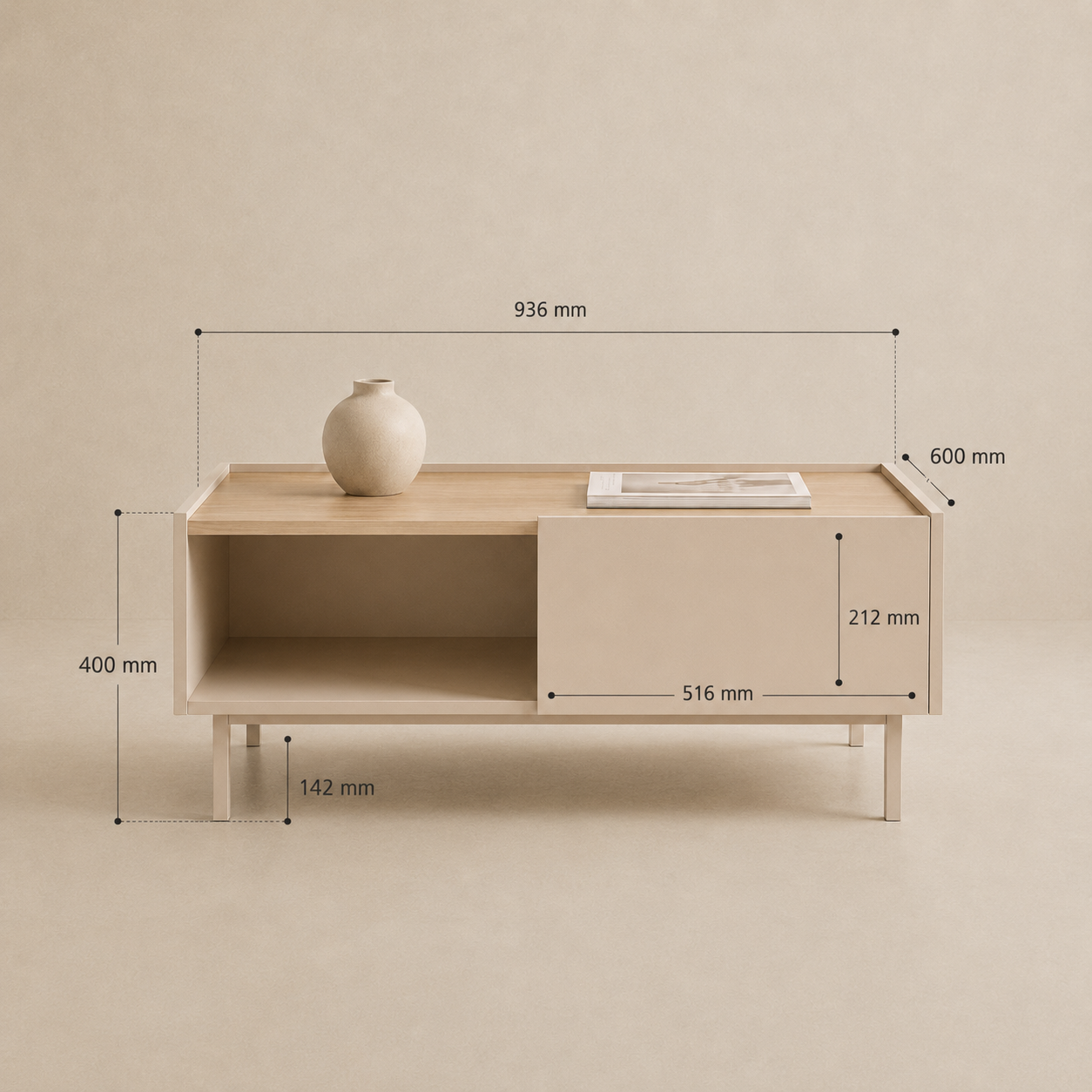 Luvera Kayın Ahşap Ayaklı Çekmeceli Raflı Orta Sehpa 93,6 × 60 × 40 cm Bej