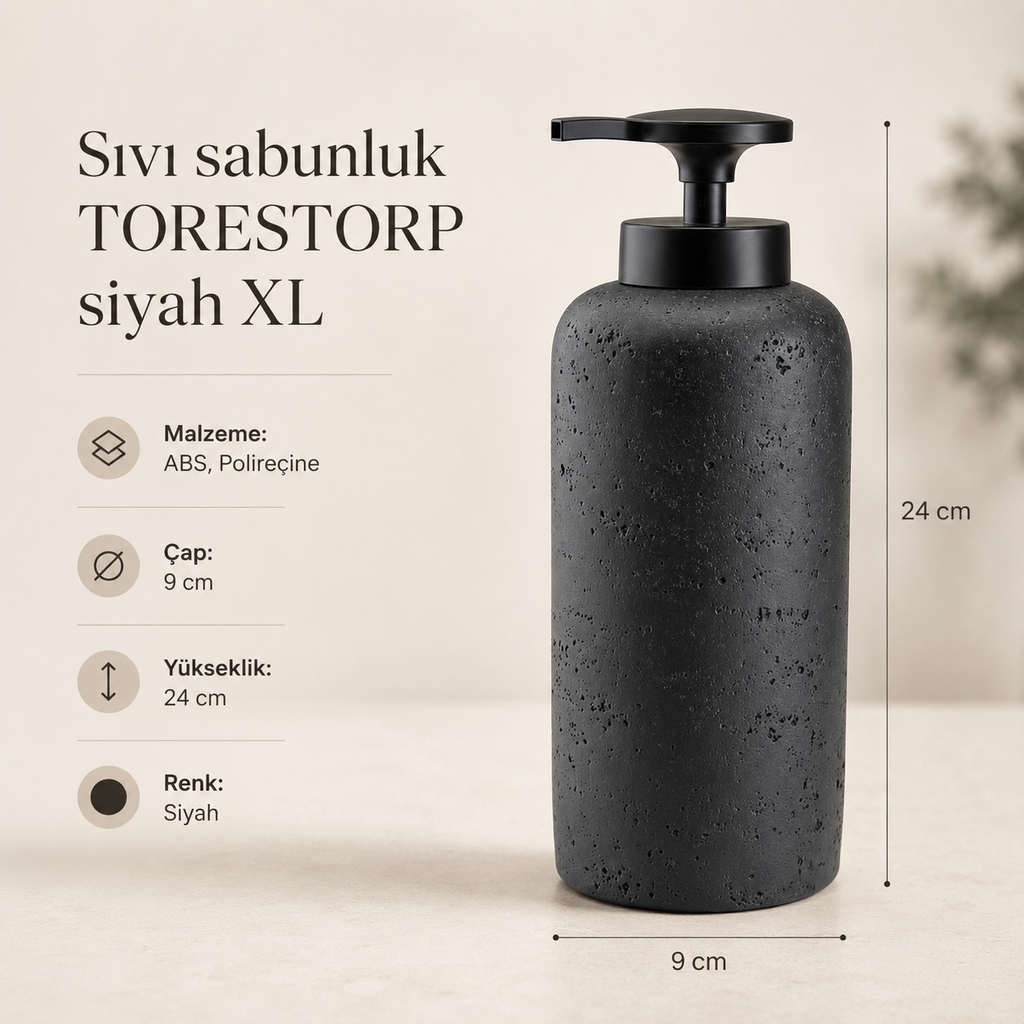 Siyah XL Taş Dokulu Sıvı Sabunluk 9x24 cm