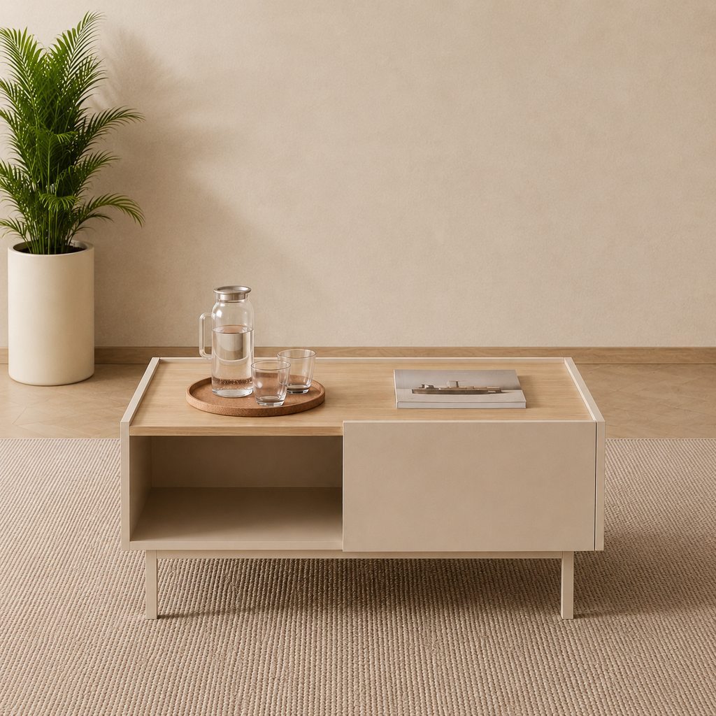 Luvera Kayın Ahşap Ayaklı Çekmeceli Raflı Orta Sehpa 93,6 × 60 × 40 cm Bej