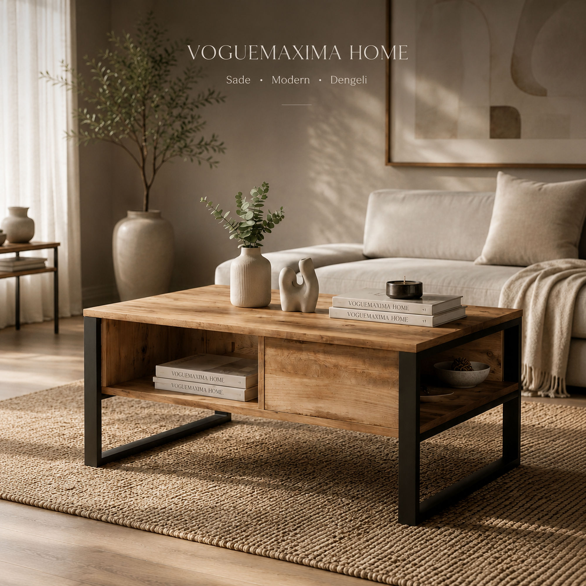 Lacita Metal Aksamlı Raflı Orta Sehpa 100 × 59,7 × 44,4 cm Atlantik Çam