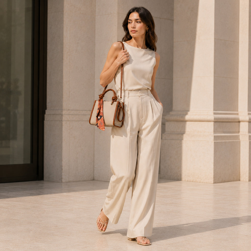 Sella Beige & Taba Rengi Fularlı Kadın El ve Omuz Çantası 21x16 cm