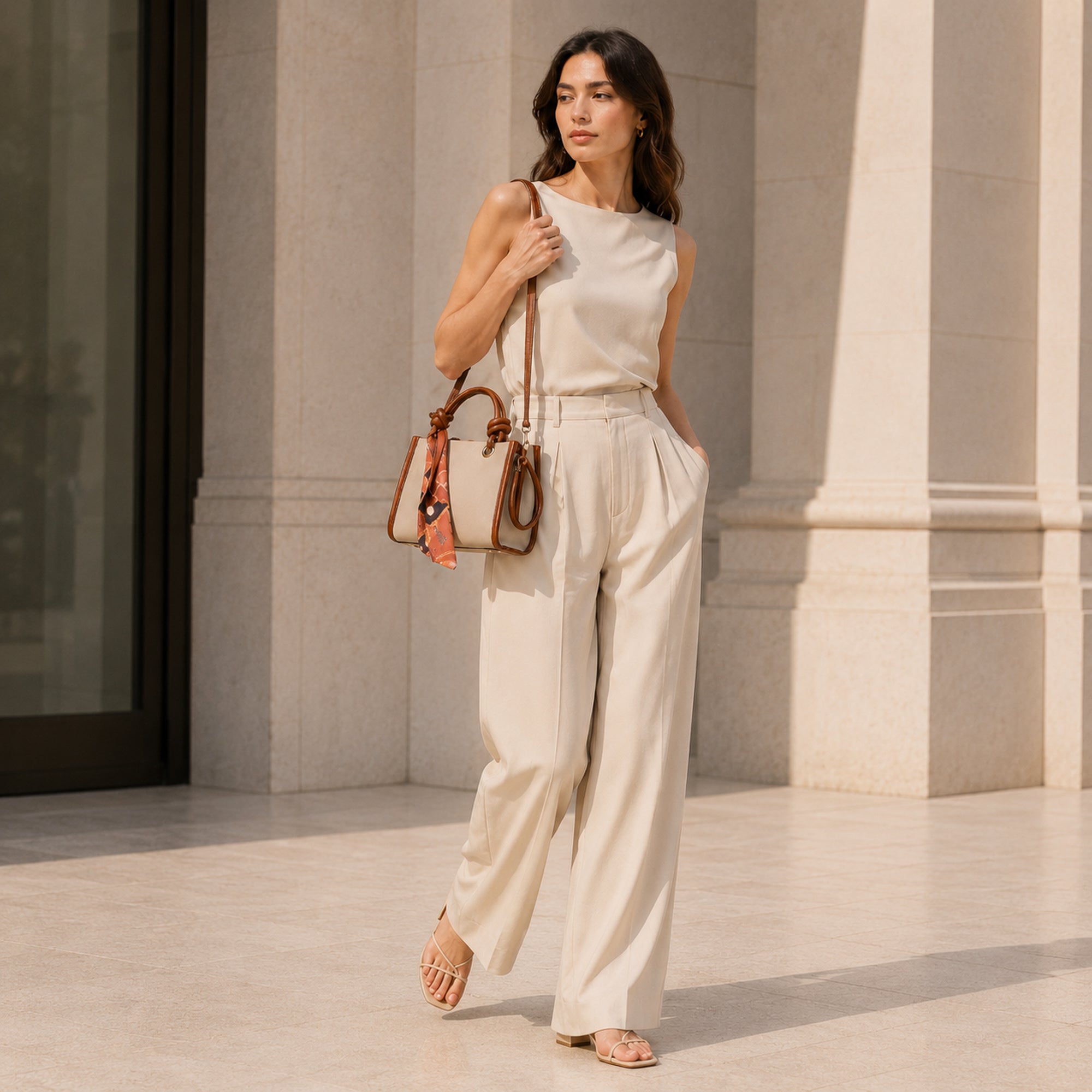 Sella Beige & Taba Rengi Fularlı Kadın El ve Omuz Çantası 21x16 cm
