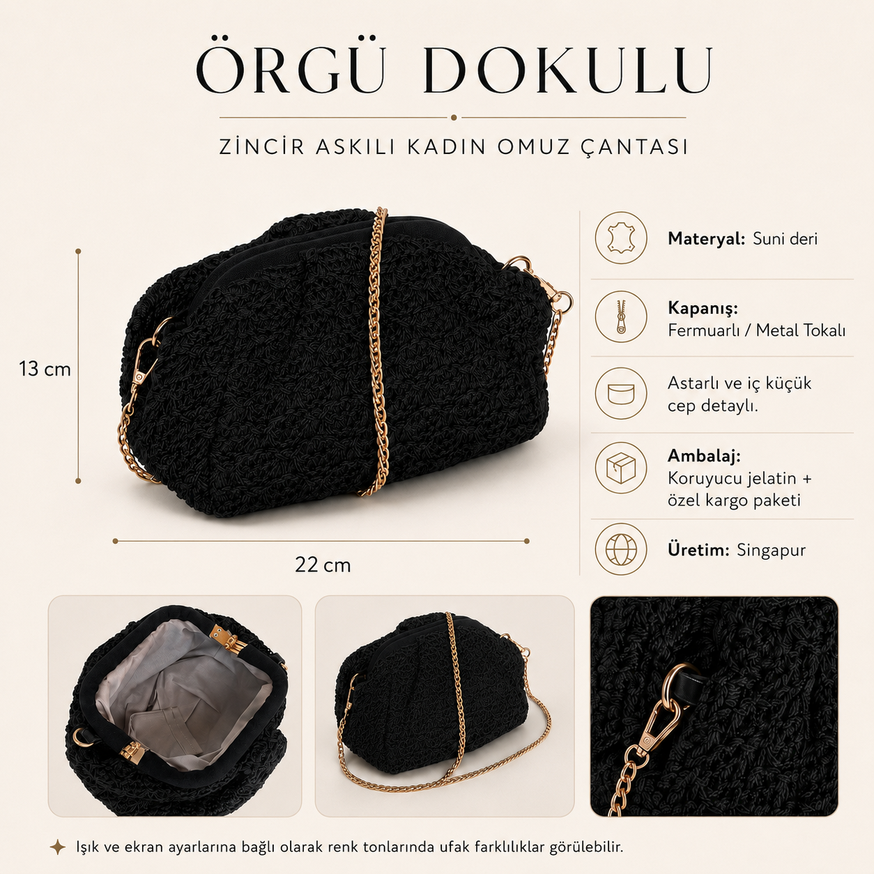 Siyah Örgü Zincir Askılı Kadın Omuz Çantası