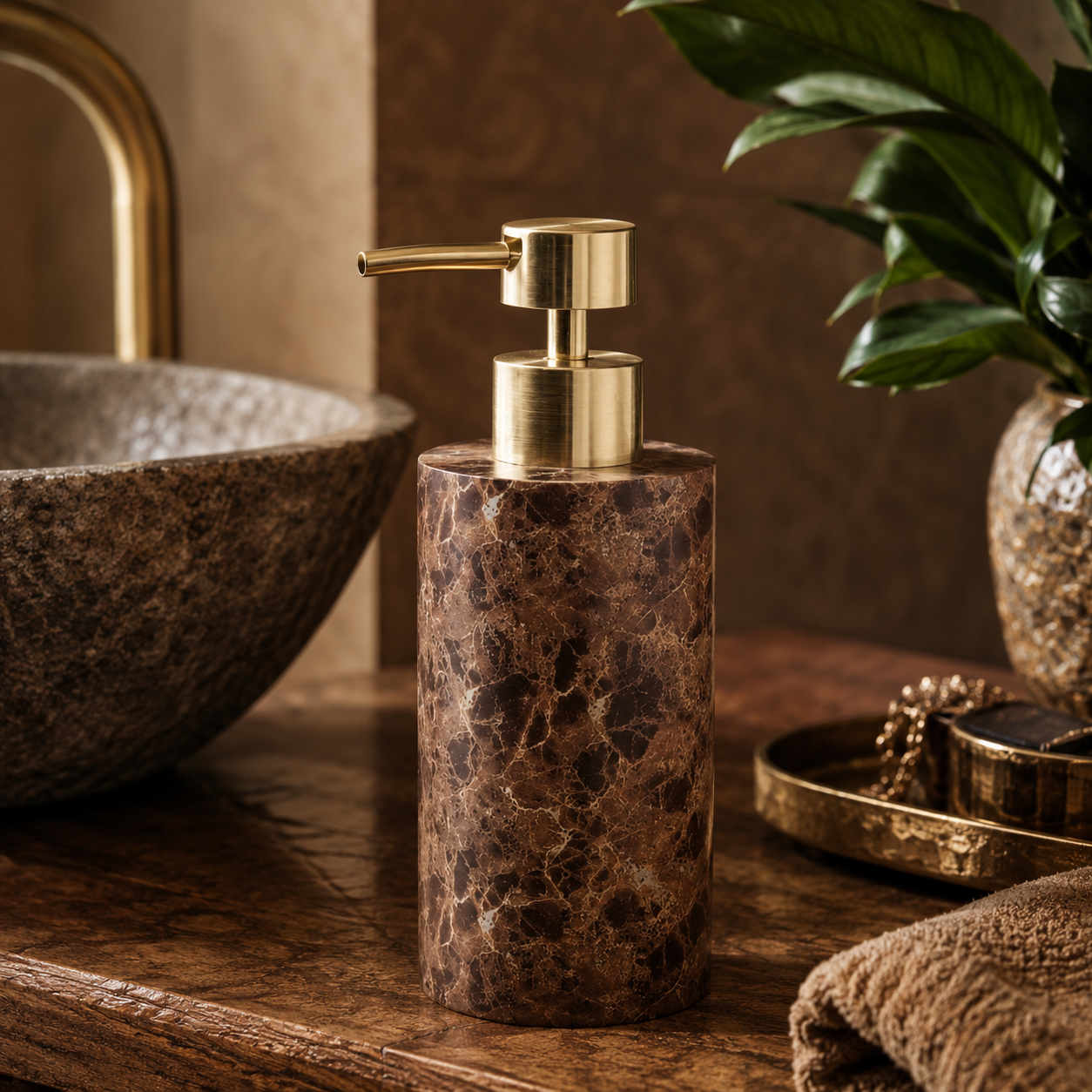 Mermer Görünümlü Sıvı Sabunluk Kahverengi Gold Pompalı 7x19 cm