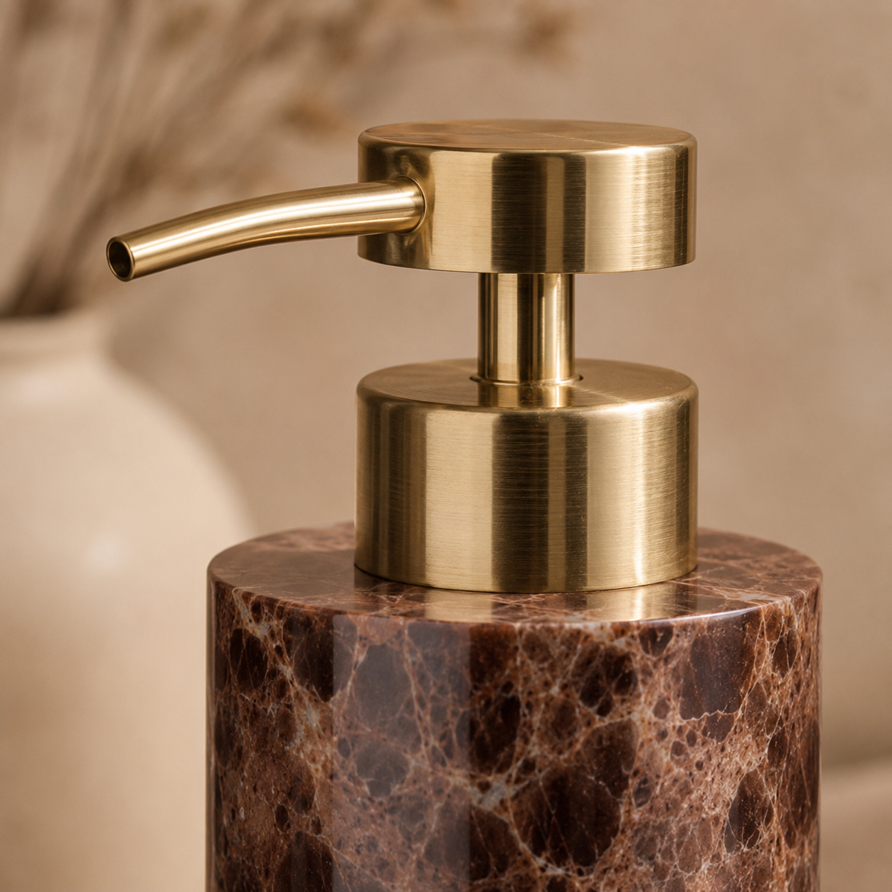 Mermer Görünümlü Sıvı Sabunluk Kahverengi Gold Pompalı 7x19 cm