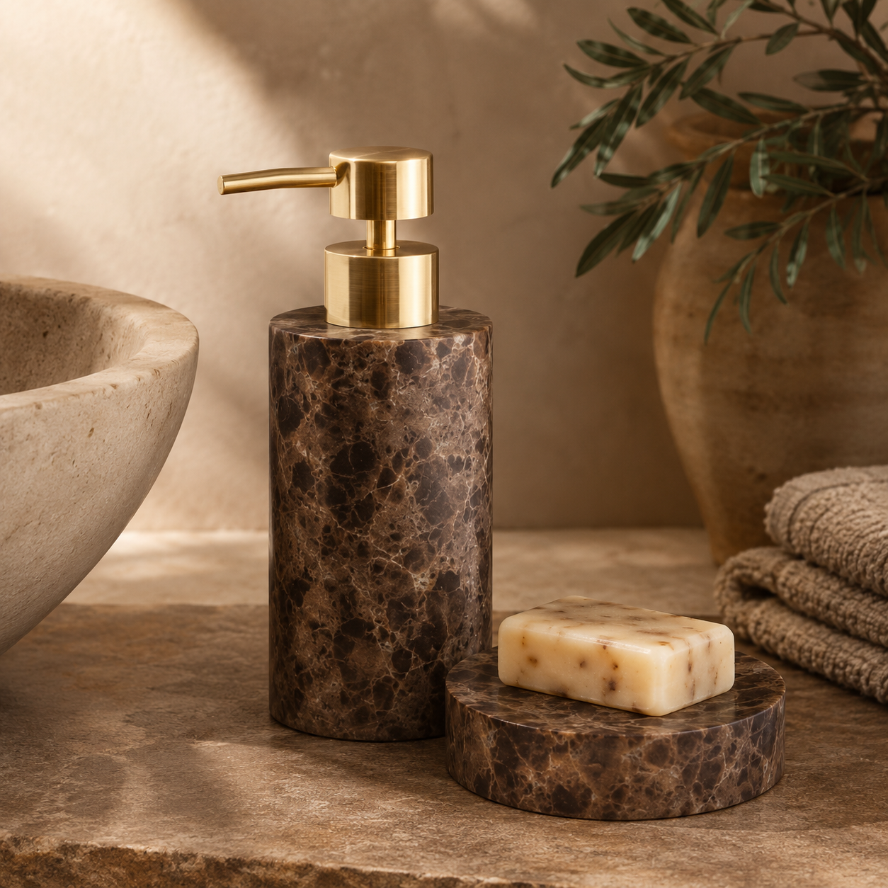Mermer Görünümlü Sıvı Sabunluk Kahverengi Gold Pompalı 7x19 cm