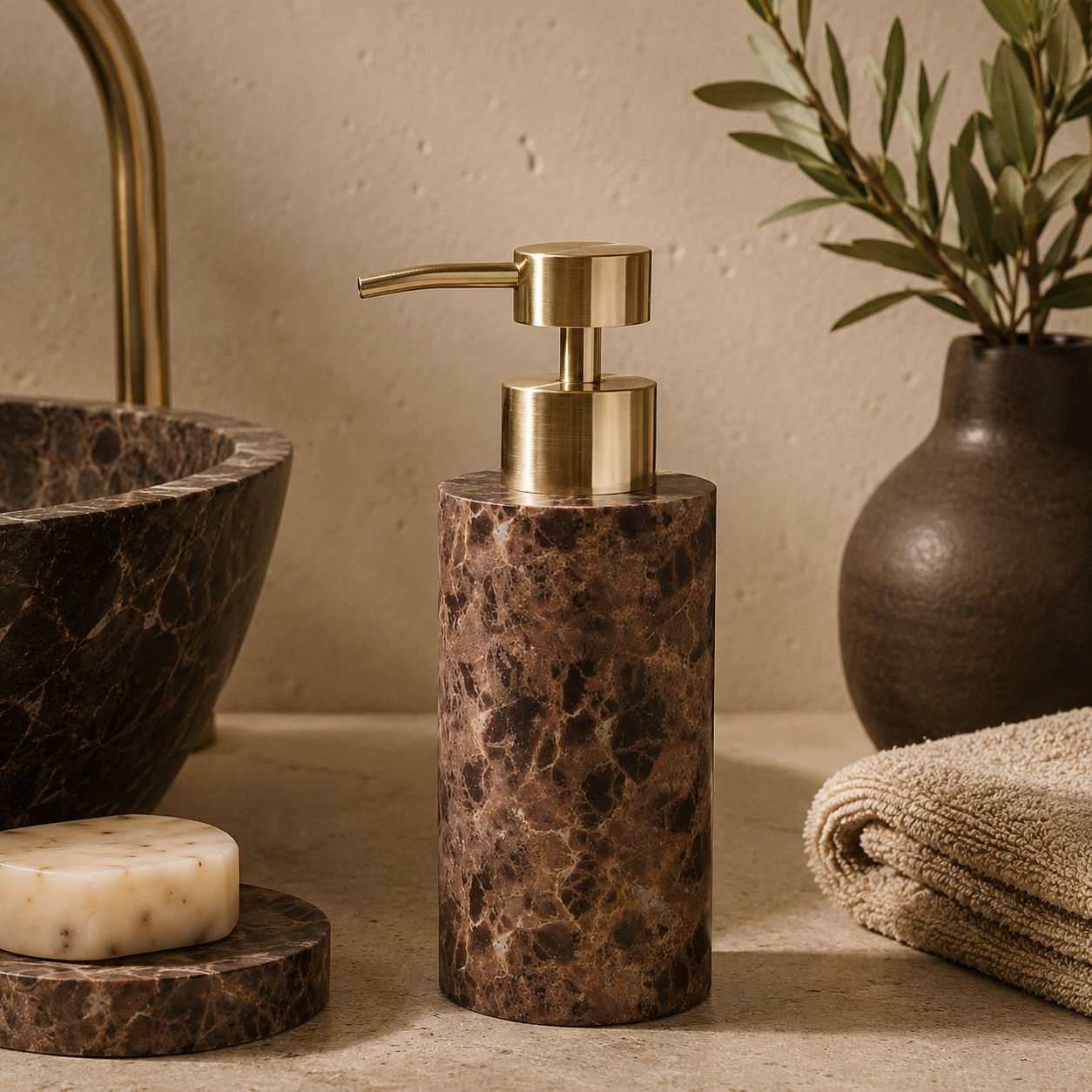 Mermer Görünümlü Sıvı Sabunluk Kahverengi Gold Pompalı 7x19 cm