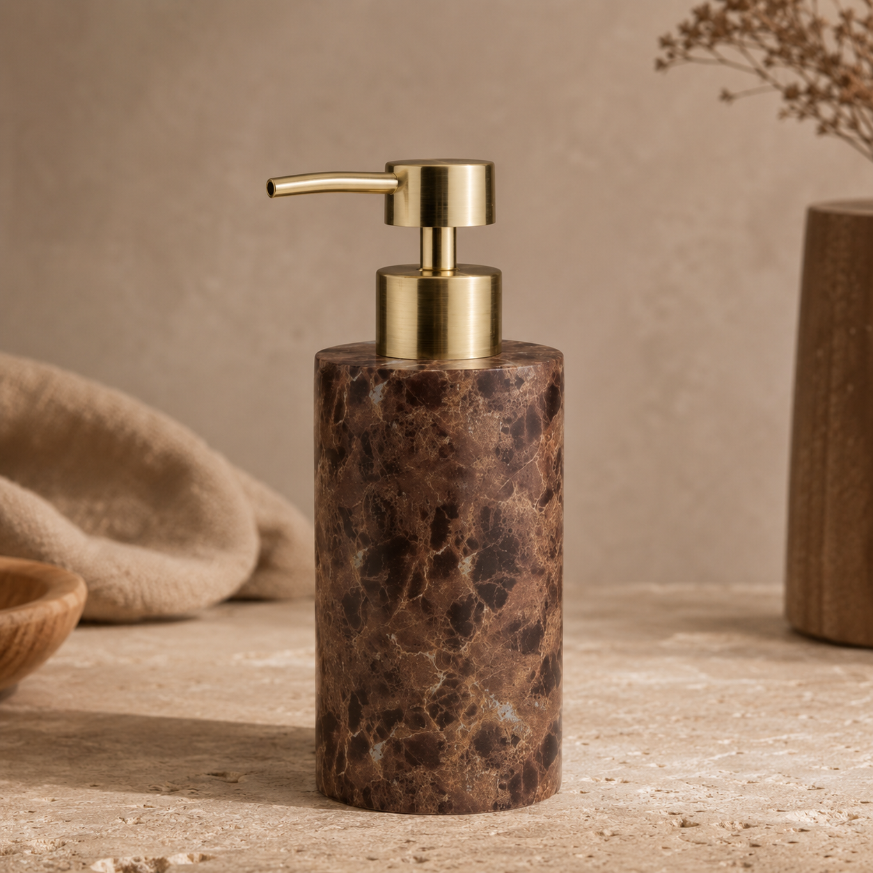 Mermer Görünümlü Sıvı Sabunluk Kahverengi Gold Pompalı 7x19 cm