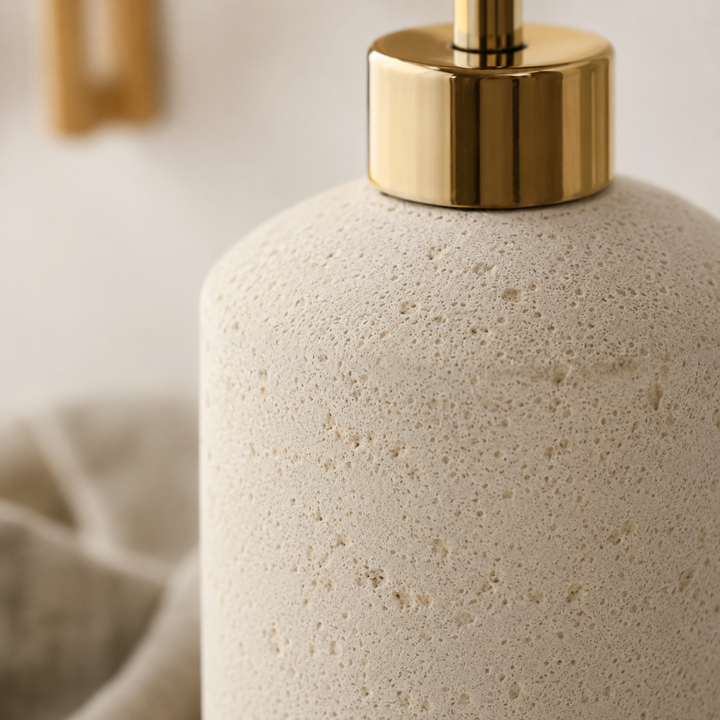 Bej Taş Dokulu Sıvı Sabunluk Gold Pompalı 7x17 cm